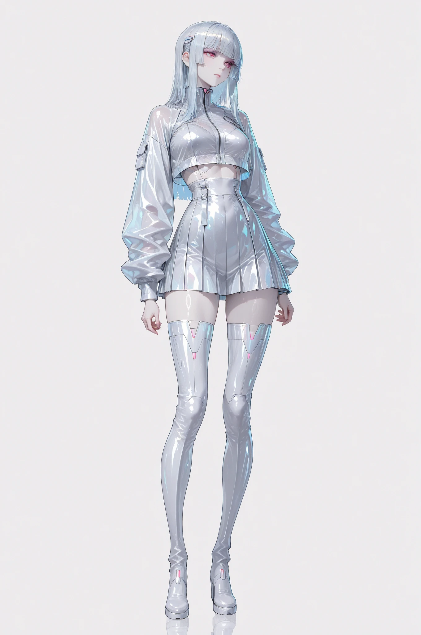 ((in the style of Ichikawa Haruko)), Hauskie no to that, The Land of Gemstones, Original character, ((tmasterpiece)), (((beste-Qualit))), ((ultradetailed)), ((illustartion)), [The light effect of realism], eye shadow, (fantasy style), (whitebackground:1.6), Simple background, illustartion, 1 girl, sly look, Majestic view, :3, (multi-colored hair, Hair gradient, Hair color from blue to peach, without bangs, (Side bangs), curly curl on the cheek, hairstyle: high ponytail), The eyes are crimson-red, Environment change scene, narrow eyes, squints, canny smile, Lashes, side glance, Crystal hair, Glowing Hair, shirt with collar, galaxy, Additional lighting, uniform, tie, puffy short sleeves, Shorts, Smile, puffy short sleeves, Puffy armbands, Shirt, short sleeve, sparkle, Small flat chest, BEAUTIFUL POSE, in full height