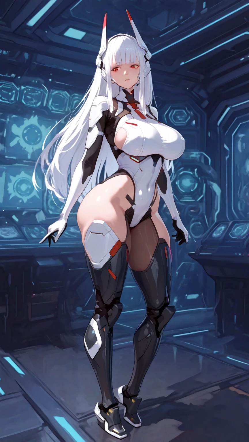 1girl, white hair, pilot suit, ????????, white ????????, long hair, blue eyes, ?????????????, thick thighs, ???, ???????????, futuristic, science-fiction, mature female, hourglass figure, tech, machinery