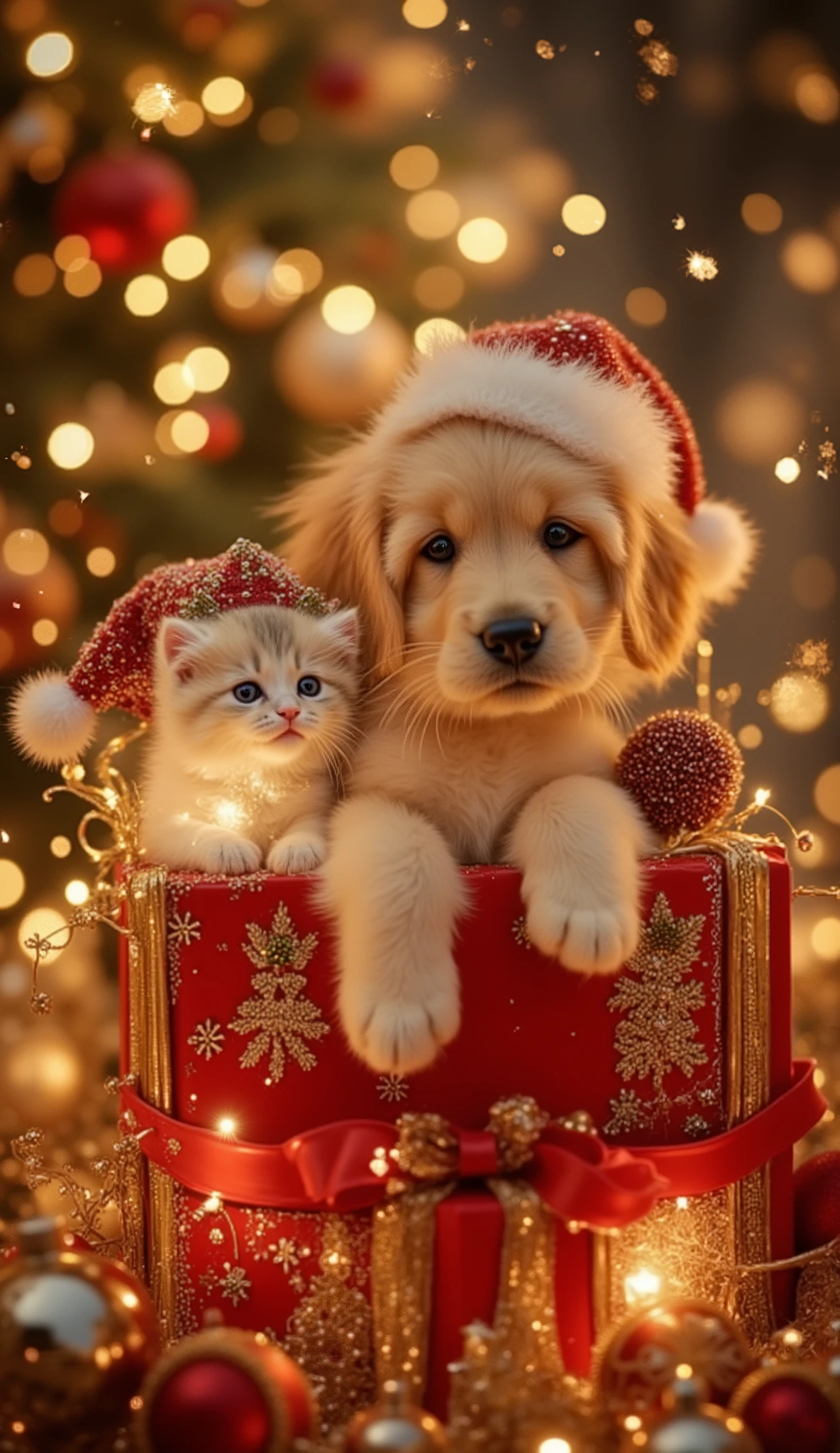 A playful scene of a golden retriever puppy and a kitten peeking out from inside a Christmas gift box, surrounded by shiny ornaments, glowing decorations, and soft bokeh sparkles, both wearing tiny festive accessories, whimsical and adorable style