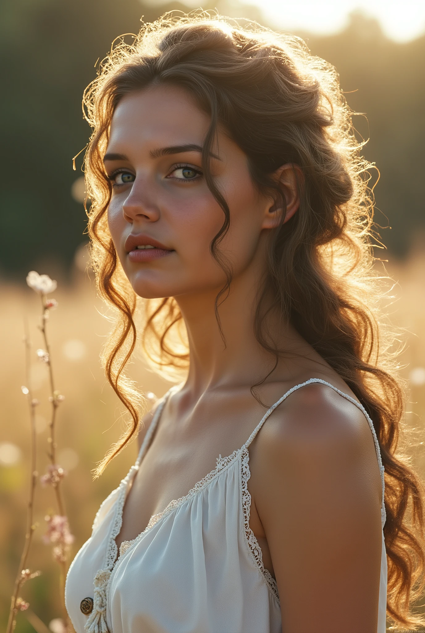 A young woman with long , cabelo fluente, wearing a sleeveless white shirt. The scene takes place outdoors with a blurred background that suggests a natural environment, like a field or garden . The lighting is warm and golden, indicating a sunset or sunrise, giving the image a serene and dreamy atmosphere.