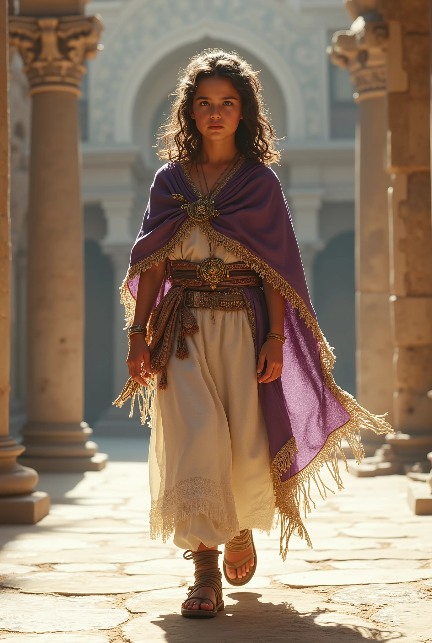 A cinematic scene, hyper-detailed portrait of a 14-year-old child girl with dark and wavy hair , captured in soft natural daylight as they slowly walk forward across an old sun-drenched courtyard, ; vestido em camadas, distressed clothes — a ragged white linen tunic with frayed sheaths, superimposed by a richly embroidered purple shawl thrown over one shoulder and fastened with ornate golden brooches, its frayed edges frayed by the use of; intricate gold-embroidered belts and shawls encircled the waist, while thick leather sandals wrapped in strips of fabric cover her feet;   ; Behind them, massive stone columns and faded mosaic walls rise in soft focus, bathed in warm sunlight that highlights the texture of dust grains dancing in the air — all rendered in a photorealistic 3D illustration style 