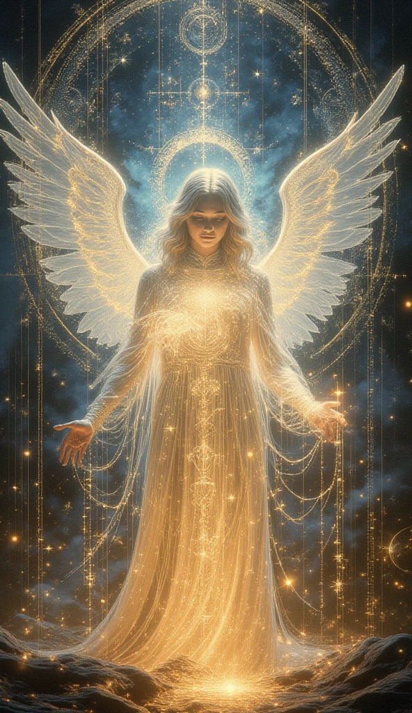 cosmic fallen angel, olhos claros brilhantes, Biomechanicals, estranho, assustador, Pesadelo, cores muito brilhantes, light particles, com luz brilhante, Mshiff, Arte do papel de parede, Papel de parede UHD