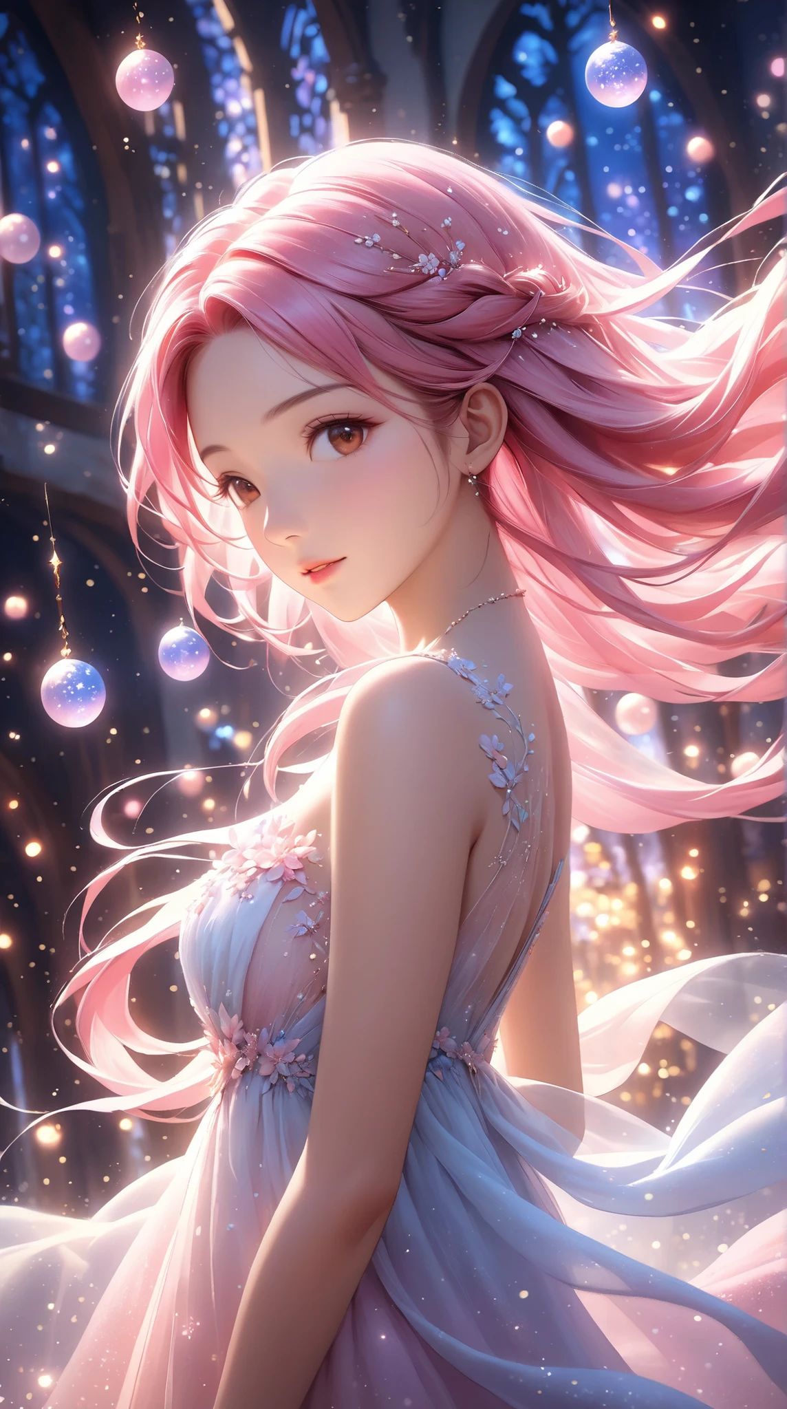 ((top-quality, 8K)), (Realistic), (Face Focus: 1.1), (White and pink: 1.3), woman, (), (sexy body), (huge breasts), long-hair, Body from the waist up, Hair fluttering in the wind, Facing to the side, Look up at your face, Eyes closed, (Sleeveless: 1.1), Skirt, Countless soap bubbles,