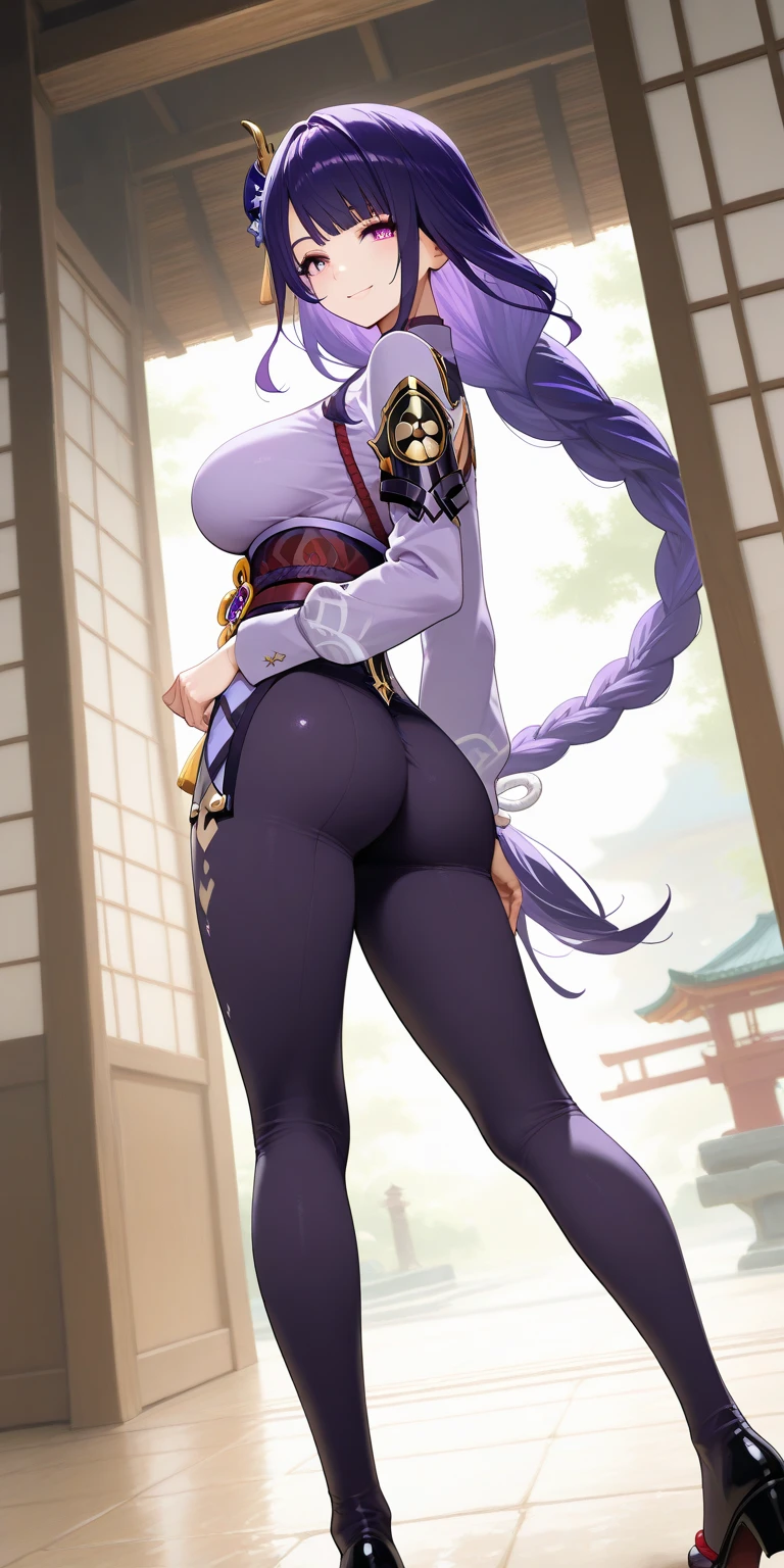  anime girl shenhe (genshin impact) busty  with thick thighs and big ass bigger than thighs and head and body , ass view, hyper ass with  long hair black leggings 