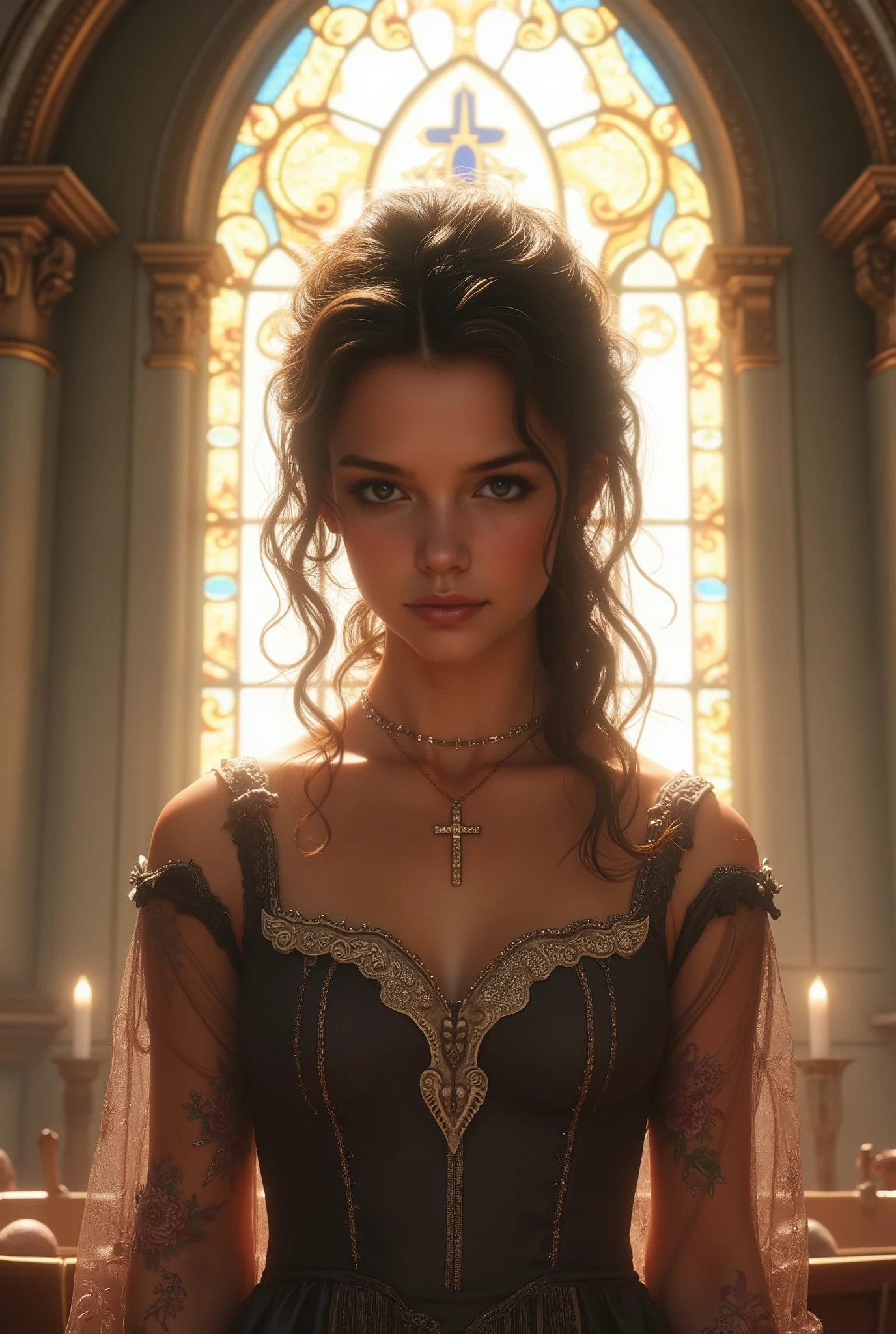  A 23-year-old girl wearing a cross necklace, Fundo de igreja  