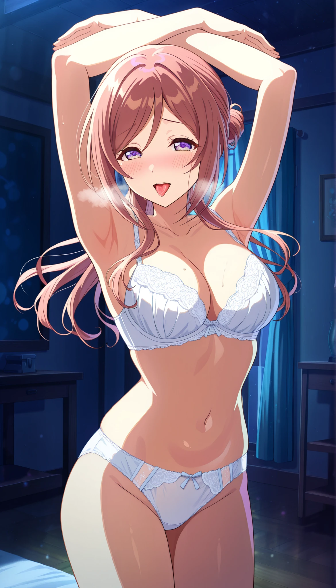 (((Himesaki Rinami))),White bra,White panties,(((Raise both arms pose))),(((Medium Breasts))),thighs,((sexual desire)),((Blush)),((ashamed)),dark room,Ulchan -6500-v1.1, (RAW pictures:1.2), BEAUTIFUL DETAILS, very detailedな目,Beautiful Eyes,beautiful eyes,yellow eyes,The file size is large, high resolution, very detailed, Highest Quality, [masterpiece:1.6], Awareness-raising, very detailed, CG, fine, Highest Quality, 8K Wallpaper, Perfect Body,very detailed,Breathing,tongue out