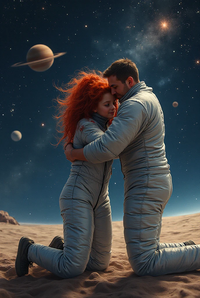  fit man with detailed  and short military haircut.  woman with large breasts and thick black pubic hair and short blonde hair. Embracing in geodesic dome on desert planet. Dust storms visible outside dome. Scientific equipment in dome. Comfortable bed and chairs.  