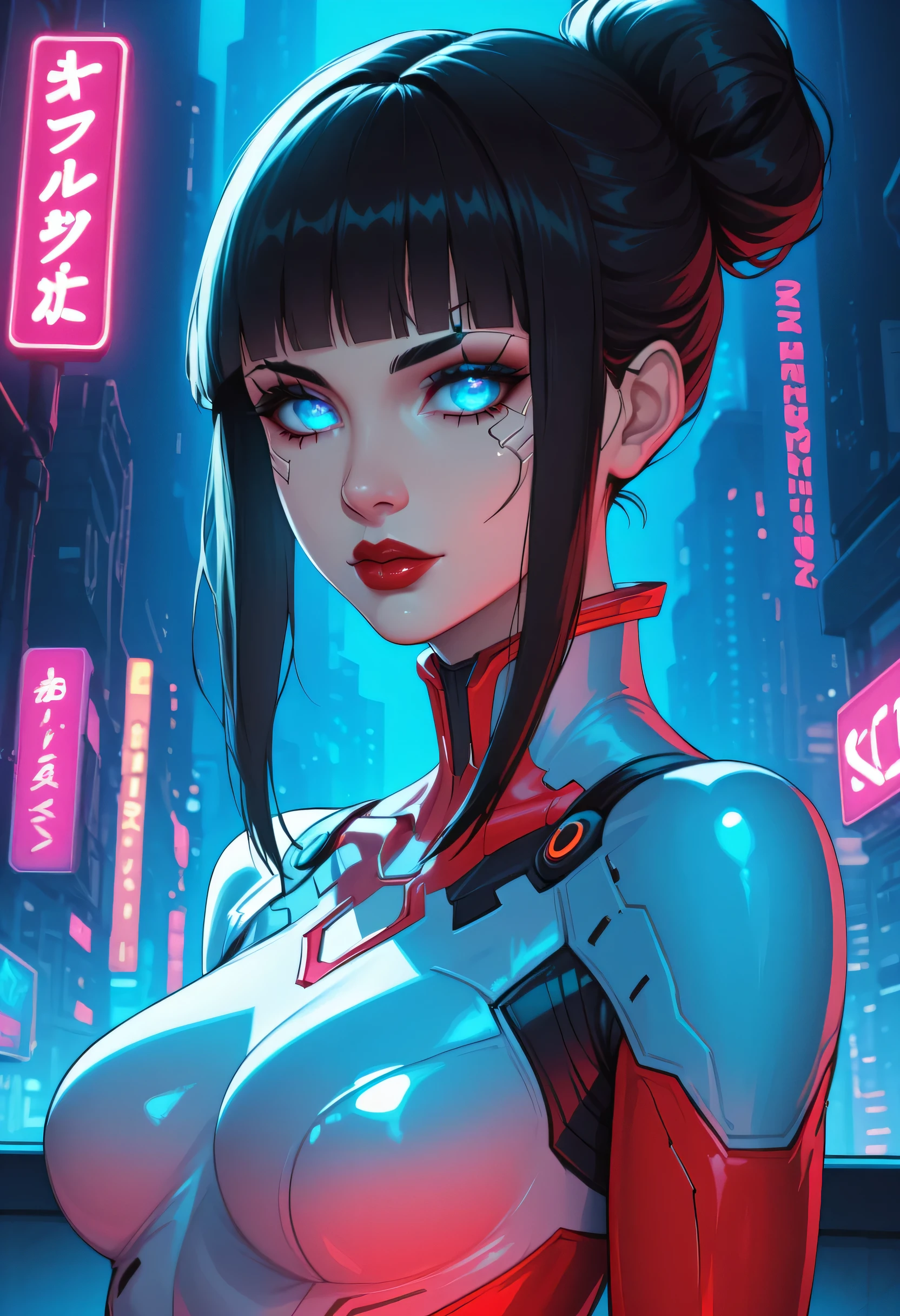 neon light in city, black hair, hair bun, hair up, hime cut hair, black thin eyebrows, glowing blue eyes, red thick lips, perfect face, beautiful woman, medium breasts, (detailed eyes), ((cyberpunk)), neon light bodysuit, looking at viewer