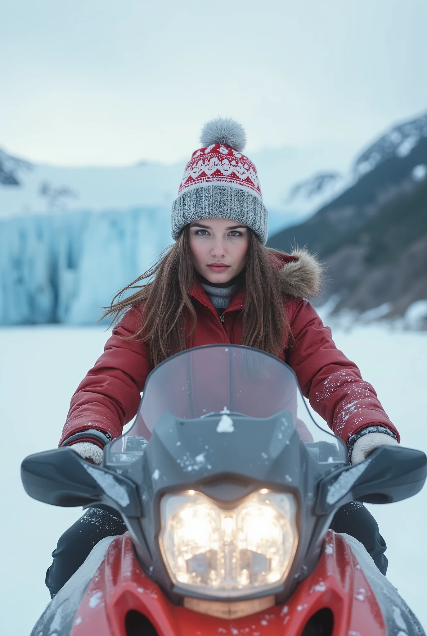    Obra-prima ， alta qualidade(  preciso e perfeito ) Multi-Exposure Winter Glacier In A Christmas Hat With Gloves She's On A Snowmobile, she's looking at the camera, inverno, neve , mulher jovem 