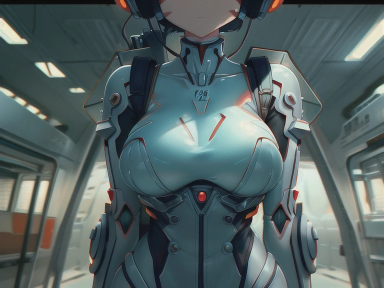masterpiece, best quality, extremely detailed, Japaese android girl,Plump , control panels,Mechanical Hand, Robot arms and legs, Black hair,Mechanical body,Blunt bangs,future information counter,reception,information office,japanese android receptionist,perfect robot woman,She is powered by electricity,The removable cover is on the groin,The connection port is on the groin,access panel on the chest,miniskirt,dark black tights,She has repaired now,perfect robot girl,robot concierge,She is in information counter,blue eyes