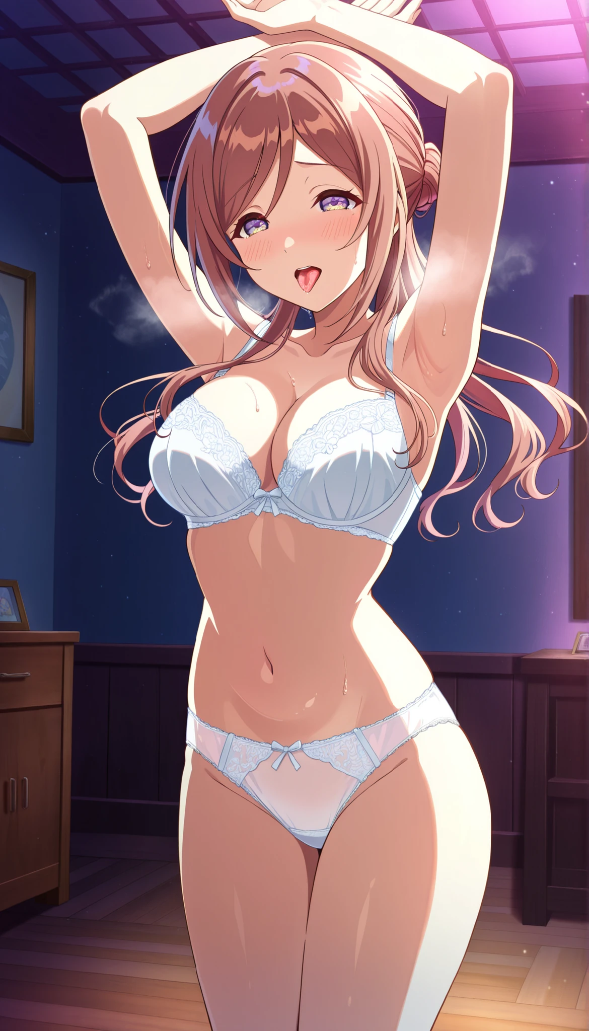 (((Himesaki Rinami))),White bra,White panties,(((pose of raising both arms))),(((Medium Breasts))),thighs,((sexual desire)),((Blush)),((ashamed)),dark room,Ulchan -6500-v1.1, (RAW pictures:1.2), BEAUTIFUL DETAILS, very detailedな目,Beautiful Eyes,beautiful eyes,yellow eyes,The file size is large, high resolution, very detailed, Highest Quality, [masterpiece:1.6], Awareness-raising, very detailed, CG, fine, Highest Quality, 8K Wallpaper, Perfect Body,very detailed,Breathing,tongue out