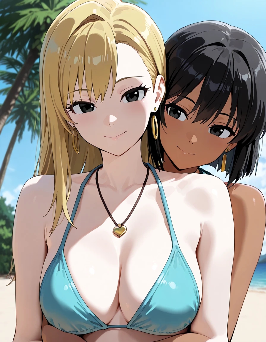 Realistic, 3 beautiful Japanese gals, Selfie, Face Enhancement, Face Zoom, Big smile, Long blonde hair, Wavy Hair, Dark Skin, Beach, ??????, Looking up from below
