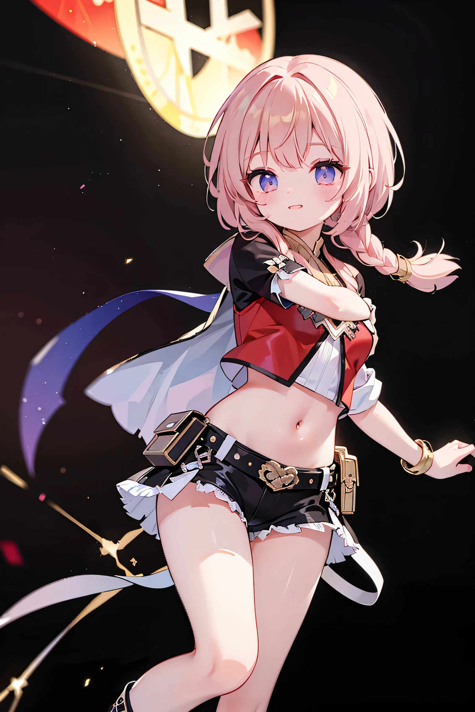 best quality ，Ultradetailliert ， nice face ， Meisterwerk、 Meisterwerk, erstklassig, 
Meisterwerk, best quality, amazing quality, (Genaue Stil), (detailed face), Genaues Gesicht, Treffende Augen, Genaue Farben, detaillierte Augen, Rumi kpop, only 1 very long purple braided braids,pony, braune Augen,  1 girl, Allein, 3d, plain yellow jacket with crop cut, schwarze Shorts, Bauch, red belt, white crop top, Stiefel, has golf clubs in the right hand,spielt Golf, very dynamic pose, very dramatic perspective, Cowboy-Schuss, hellblaues Crop-Top, on stage,Watch viewers directly, very sweet smiling,looks directly at the viewer, happy smile, Elegant,   very thin legs, dark background narrow  , schmale Beine, , extrem detailliert,  best quality ，Ultradetailliert ， nice face、 Meisterwerk, erstklassig, 1 girl in, best quality , 1 girl dunkler Hintergrund