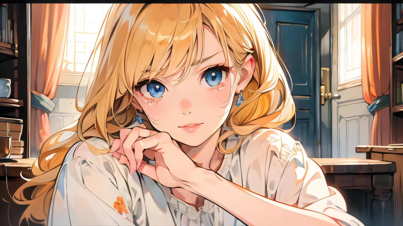 In the room at night、Calm, mature vibe。
A simple wedding ring shines casually on the woman's left hand。
Her expression is calm and a slightly tearful smile。
The overall colors are beige and warm orange、Soft backlighting。Realistic and emotional。
High Resolution、cinematic、Inspiring、sexy dress、、year zero、One person、Blonde woman、hair shortcut、midnight、Blond woman with blue eyes and eyes、4KのHigh Resolution、Ultra Fine、Vivid Colors、Realistic、HDR、UHD、Studio Lighting、super fine painting、Sharp Focus、physically-based rendering、Extreme Detailed Description、Professional、bright colors