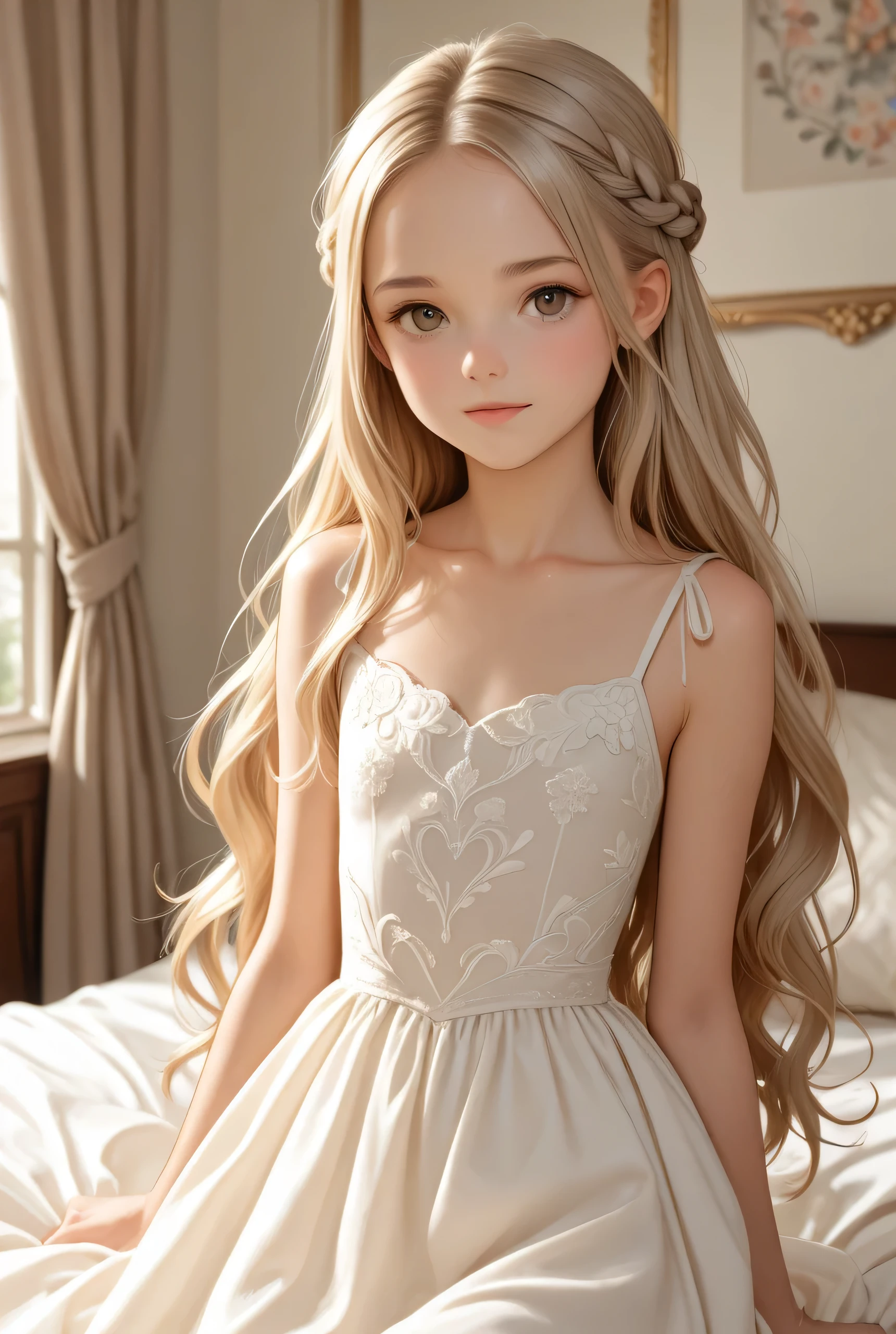 Beautiful petite girl with wavy long hair with french braid, flat chest, bohemian dress, looking at the viewer