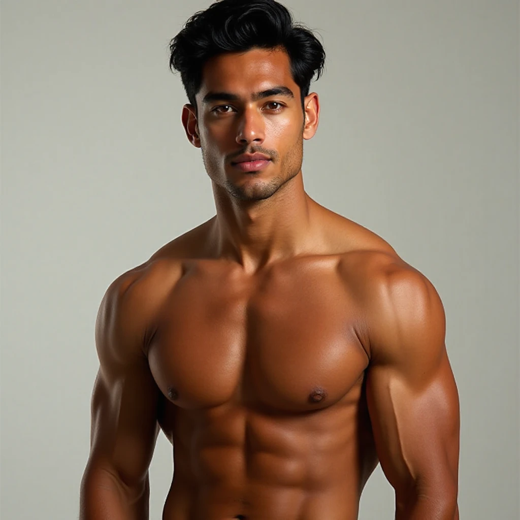 Base model of a  perfect indian man,masterpiece,black hair,blue eyes, pink lips,abbs, wearing underwear,bulging crotch,very detailed handsole face