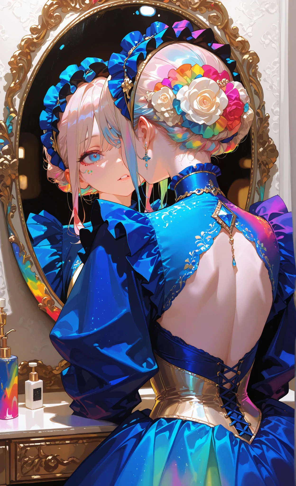 girl, face view, Special Effects Makeup, girl making make up, amazing make up, mirror, beautiful simple outfit, blondy hair, blue eyes, elegant, perfect face, detailed face, perfect body, lots of details, ultra sharp, ultra detailed, colorful, high quality, hd, hdr