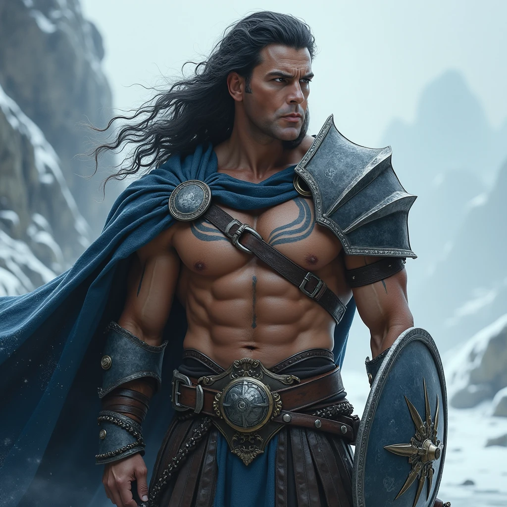 Black Viking left arm tattoo design, a full body muscular viking man, muscular legs, holding big sword with right hand, brown hair divided with bangs, perfect realistic blue eyes, wearing warrior leather shoes, wearing warrior boots, lake and mountains in the background.