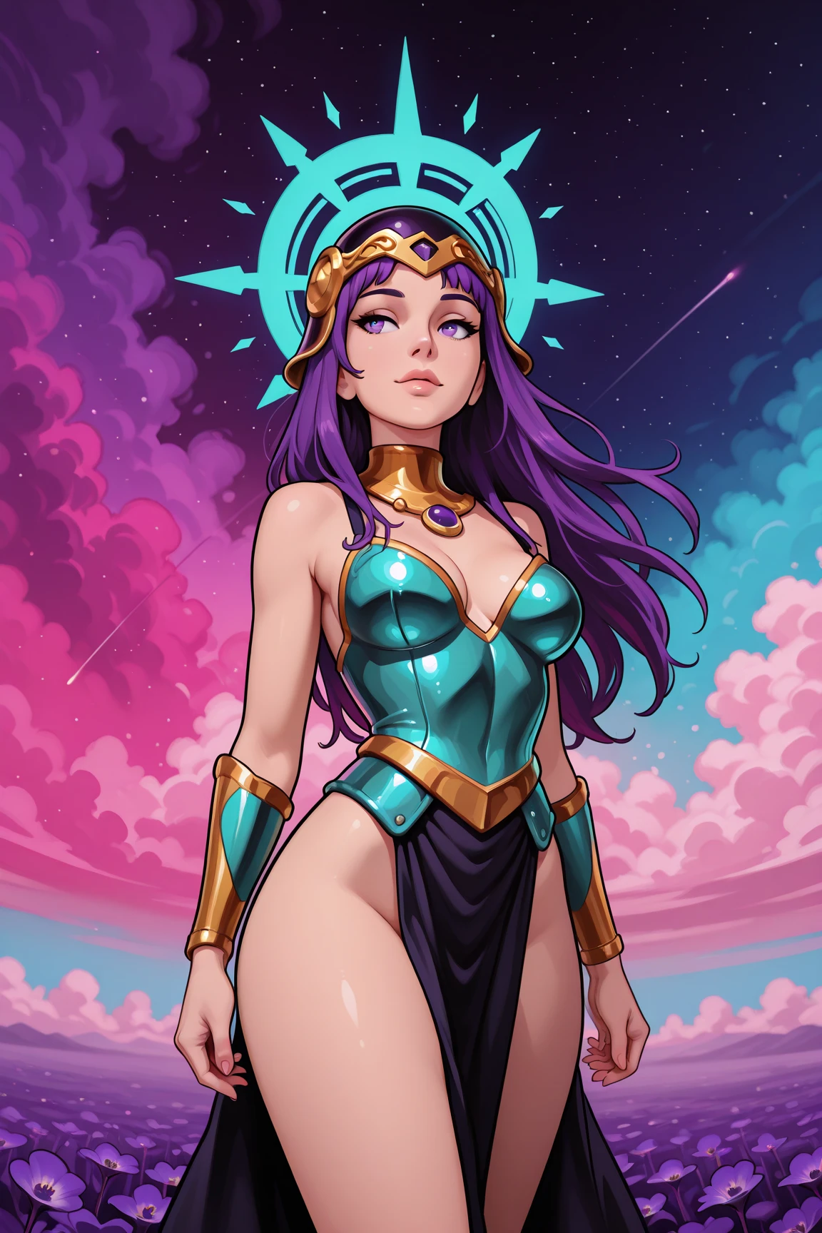 In a kaleidoscopic realm of swirling iridescent stardust and blazing neon nebulae, the celestial enchantress Grace holds rapturous dominion. Her incandescent form outshines the brilliance of quasars.
Grace's divine visage is haloed by ethereal obsidian tresses cascading down her curvaceous silhouette. Her smoldering indigo eyes penetrate any who behold their kaleidoscopic depths.
The enchantress's prismatic garments radiate the full spectrum across her sensuous curves. Diaphanous crimson, ultraviolet, and violet robes spiral in a chromatic vortex. Stardust swirls crown her as the  of beguiling chromatic allure.
Her chromatic domain births new realms of dazzling color - fuchsia nebulae amid emerald stellar nurseries shower azure stars. Colliding amber and turquoise galaxies birth ultraviolet and indigo splendor.
Though her chromatic temptation could overwhelm mortals, Grace's power lies in nurturing radiance. Weaving prismatic strands, she infuses newborn celestial bodies with infinite potential. Obsidian lips seem to breathe the secrets of rainbows.
In this blinding, coruscating realm, the smoldering yet fully-clothed celestial enchantress Grace reigns supreme. Her irresistible kaleidoscopic allure fuels perpetual dazzling creation and rebirth throughout the cosmos.