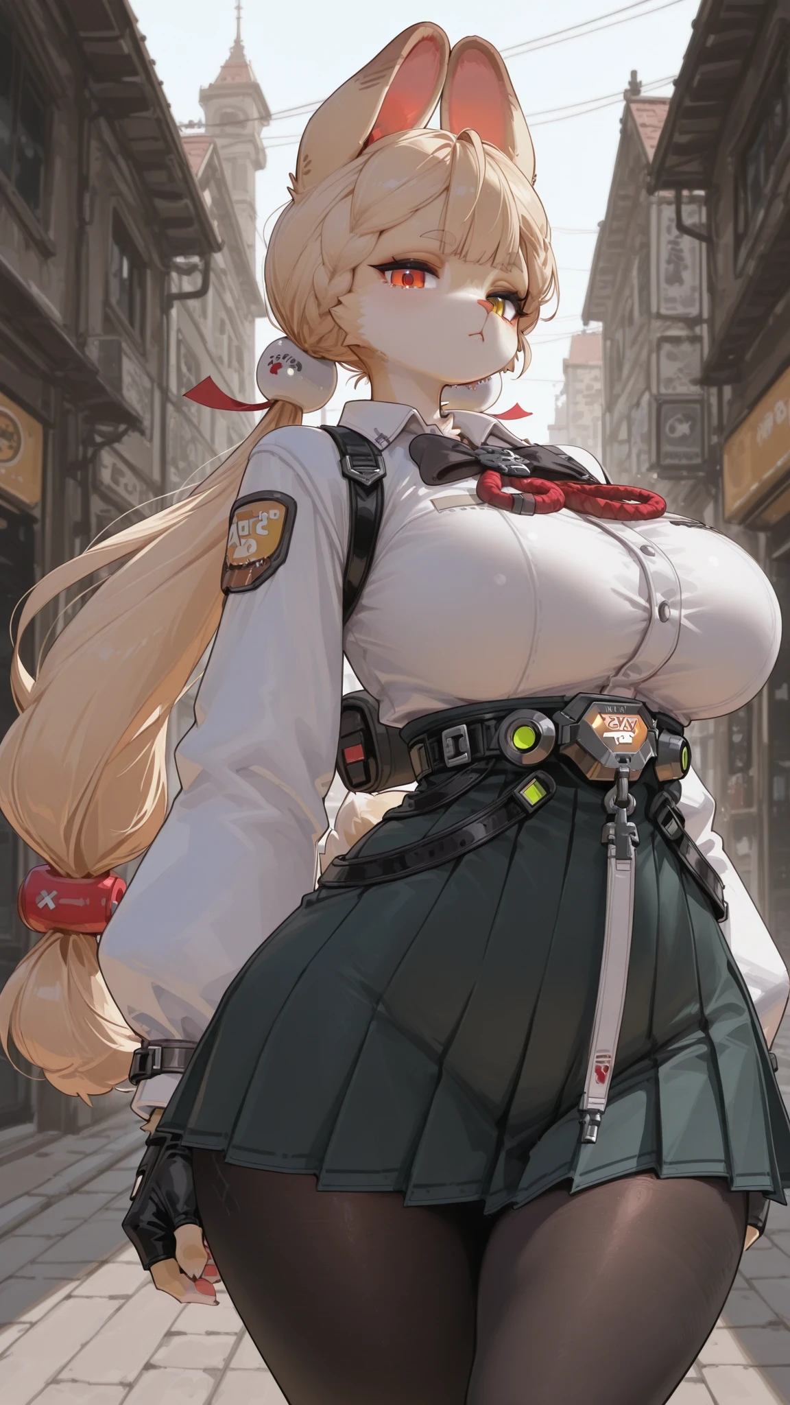 alice, 1girl, skirt, black gloves, fingerless gloves, black pantyhose, pleated skirt, long sleeves, low-tied long hair, shoes, white shirt, ,animal ears, blonde hair, braid, bangs, hair ornament, low twintails, tail,heterochromia, (furry:1.2), rabbit girl, tow-toned fur,body fur, yellow and white fur, big beautiful eyes, long eyelashes, cute face, round face, big breasts, huge hips, curvy, slender waist, look at viewer, cowboy shot, outside, street
Alice Thymefield_\(zenless zone zore\)
1girl, solo, beautiful girl, UHD, masterpiece, (anatomically correct), super detail, high details, high quality, best quality, HD, 8k