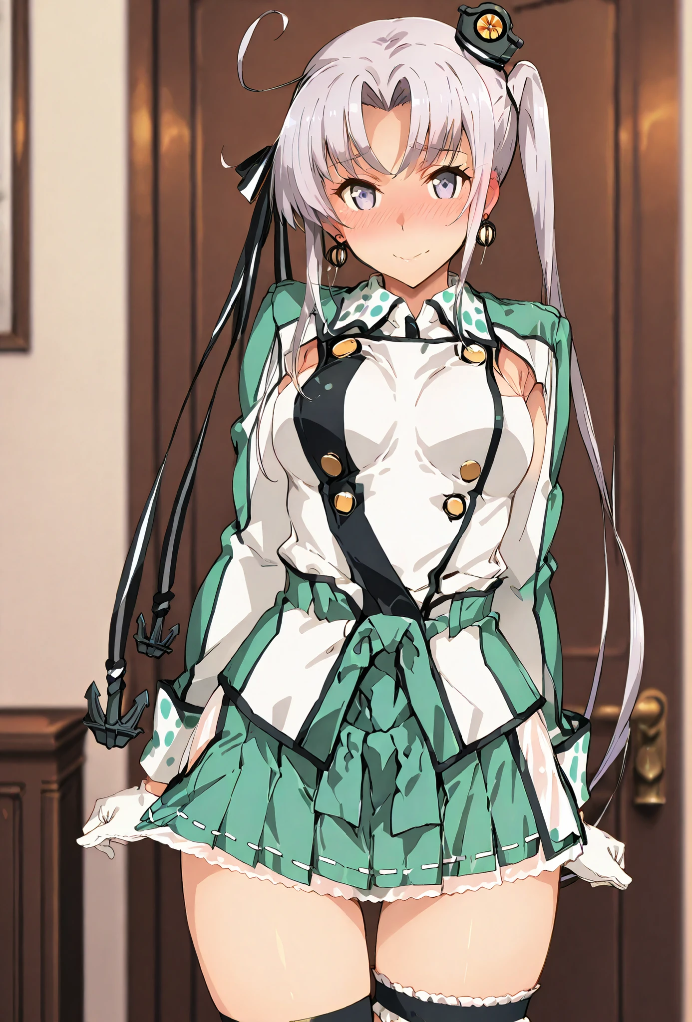 akitsushima(kancolle)\(kancolle\) , score_9, score_8_up, score_7_up, source_anime, top quality, (seductive, blush), , Official Art, looking at viewer, masterpiece, ultra-HD, high detail, depth of field, top quality, 8k, top quality, ergonomic,Official Art, 1 girl,solo, anime keyvisual, slender, small butt with a low gaze, thin waist, Sessyu Style,
 long hair, hair ornament, thighhighs, jewelry, jacket, hair ribbon, ahoge, sidelocks, pleated skirt, earrings, white gloves, miniskirt, uniform, side ponytail, clothing cutout, military uniform, buttons, green skirt, mini hat, anchor hair ornament,bridal garter,,
, 
,
,

