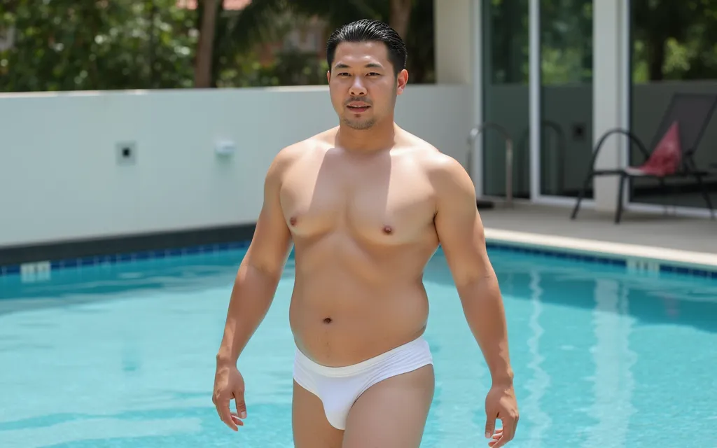 A 38-year-old Japanese former rugby player in wet white briefs sits with his legs spread wide by a mountain stream。stocky chubbu thick 　short beard　very short hair　 