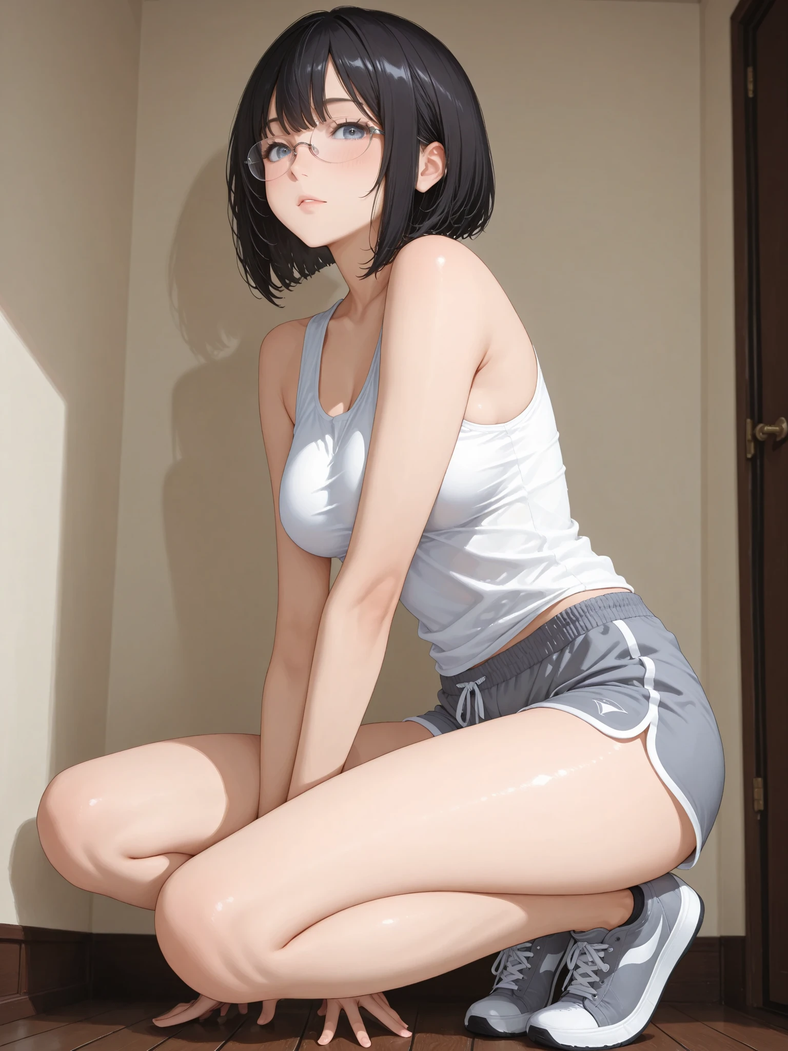 ((masterpiece, best quality)),((highres:1.2)), 1 Girl, solo, Blurred Background, (((Small breasts))), Thighs, (Stripe underwear), ((pixie cut:1.3)), (One piece swimsuit), pool, leg Spread