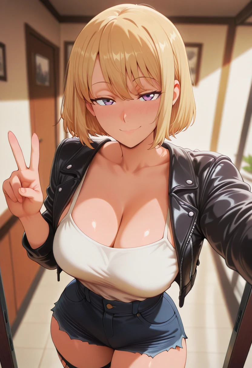 (best quality:1.5, highres, UHD, 4K, detailed lighting, shaders, perfect hand ???????), blonde ponytail, ?????????????, camisole, shorts, ??????, thighs, smiling, cleavage, ????, ??????, ????, seductive, ?????, pov, close shot, street background