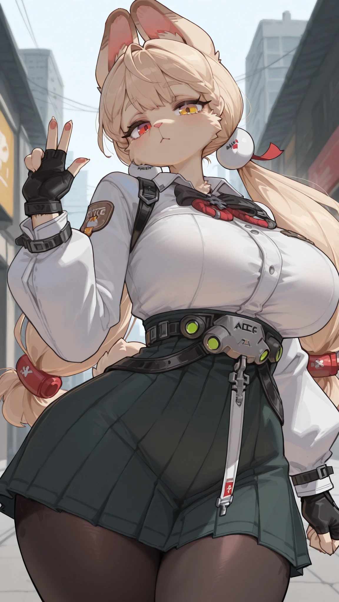 alice, 1girl, skirt, black gloves, fingerless gloves, black pantyhose, pleated skirt, long sleeves, low-tied long hair, shoes, white shirt, ,animal ears, blonde hair, braid, bangs, hair ornament, low twintails, tail,heterochromia, (furry:1.2), rabbit girl, tow-toned fur,body fur, yellow and white fur, big beautiful eyes, long eyelashes, cute face, round face, big breasts, huge hips, curvy, slender waist, look at viewer, cowboy shot, outside, street
Alice Thymefield_\(zenless zone zore\)
1girl, solo, beautiful girl, UHD, masterpiece, (anatomically correct), super detail, high details, high quality, best quality, HD, 8k