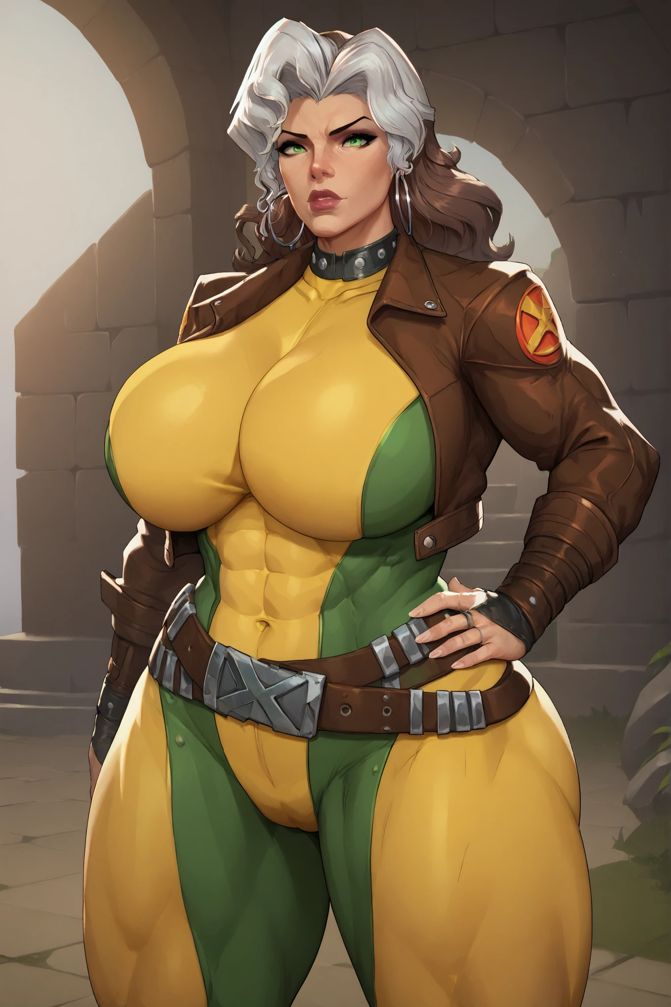 Rogue_mr, 1girl, multi color hair, brown and white hair, green eyes, hoop earrings, solo, fine details, masterpiece, huge breasts, athletic body, slim, thick thighs, muscular, dungeon, torches, bomber jacket, green and yellow bodysuit, belt, brown jacket, hand on hips, ancient tomb