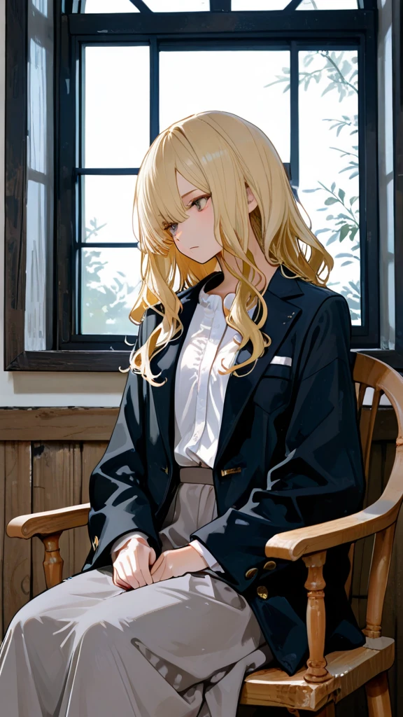 Izvalenstein, Eyes Wallenstein, Blonde Hair, Hair between the eyes, White hair band, Long Hair, (Yellow Eyes:1.5), Side Lock,smile,blush,, uniform, blazer, shirt, white shirt, collared shirt, skirt, pleated skirt,Black Pantyhose,Brown Loafers,
break looking at viewer,whole body,sitting cross-legged on a chair,There is a sandwich on the table,Daytime,Clear skies,
break indoors, classroom,
break (masterpiece:1.2), highest quality, High resolution, unity 8k wallpaper, (shape:0.8), (Beautiful and beautiful eyes:1.6), Highly detailed face, Perfect lighting, Extremely detailed CG, (Perfect hands, Perfect ???????),