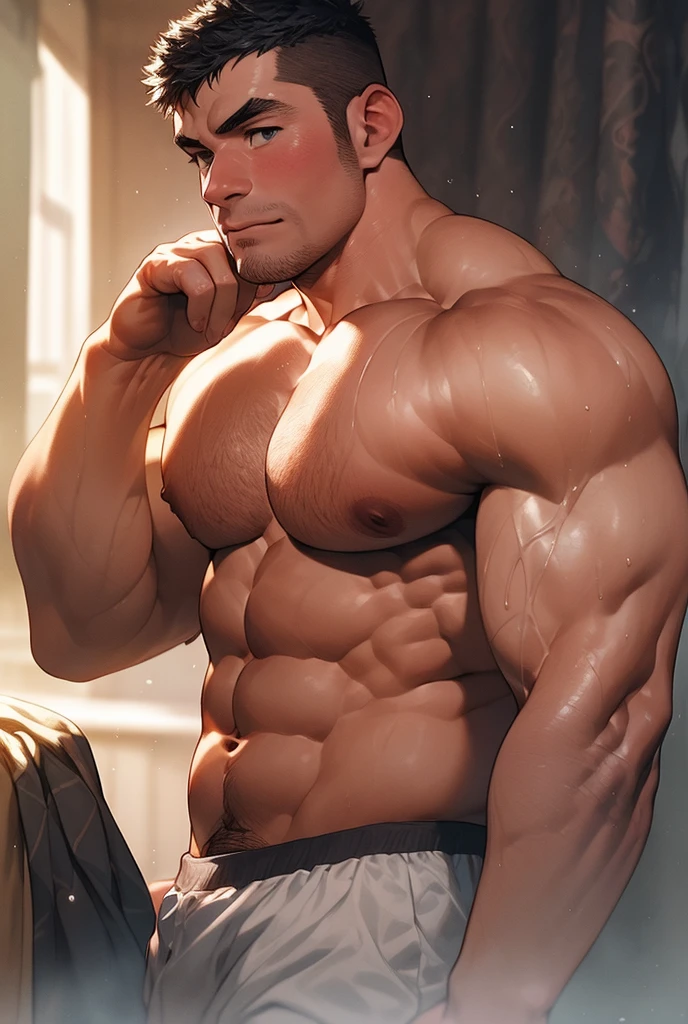 Shirtless and wearing white pants、A 35-year-old Japanese, bare-chested, skinny physique athlete with a shaved head, black belt and moustache is leaning his back against a wall in a dimly lit dojo.,Oblique front view from the waist up,Put your hands in your pockets,sweat flowing,Open your mouth wide,His whole back is against the wall,Pathological look,Haggard look,Looks like he's about to vomit,Staring straight ahead