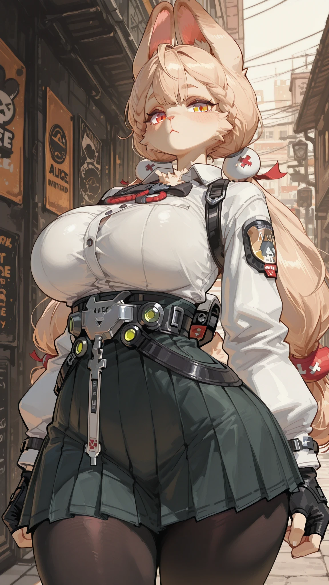 alice, 1girl, skirt, black gloves, fingerless gloves, black pantyhose, pleated skirt, long sleeves, low-tied long hair, shoes, white shirt, ,animal ears, blonde hair, braid, bangs, hair ornament, low twintails, tail,heterochromia, (furry:1.2), rabbit girl, tow-toned fur,body fur, yellow and white fur, big beautiful eyes, long eyelashes, cute face, round face, big breasts, huge hips, curvy, slender waist, look at viewer, cowboy shot, outside, street
Alice Thymefield_\(zenless zone zore\)
1girl, solo, beautiful girl, UHD, masterpiece, (anatomically correct), super detail, high details, high quality, best quality, HD, 8k