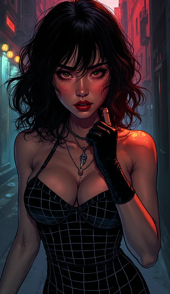 a woman with medium black hair, hair on shoulders,  wearing black pant, black jacket,  blue eyes, gothic art, cute aesthetic with vibe, toon aesthetic, wearing gothic accessories, look like Cassie Hack, upper body, angry clown smile,  sitting on the car, garage background, dinamic poses