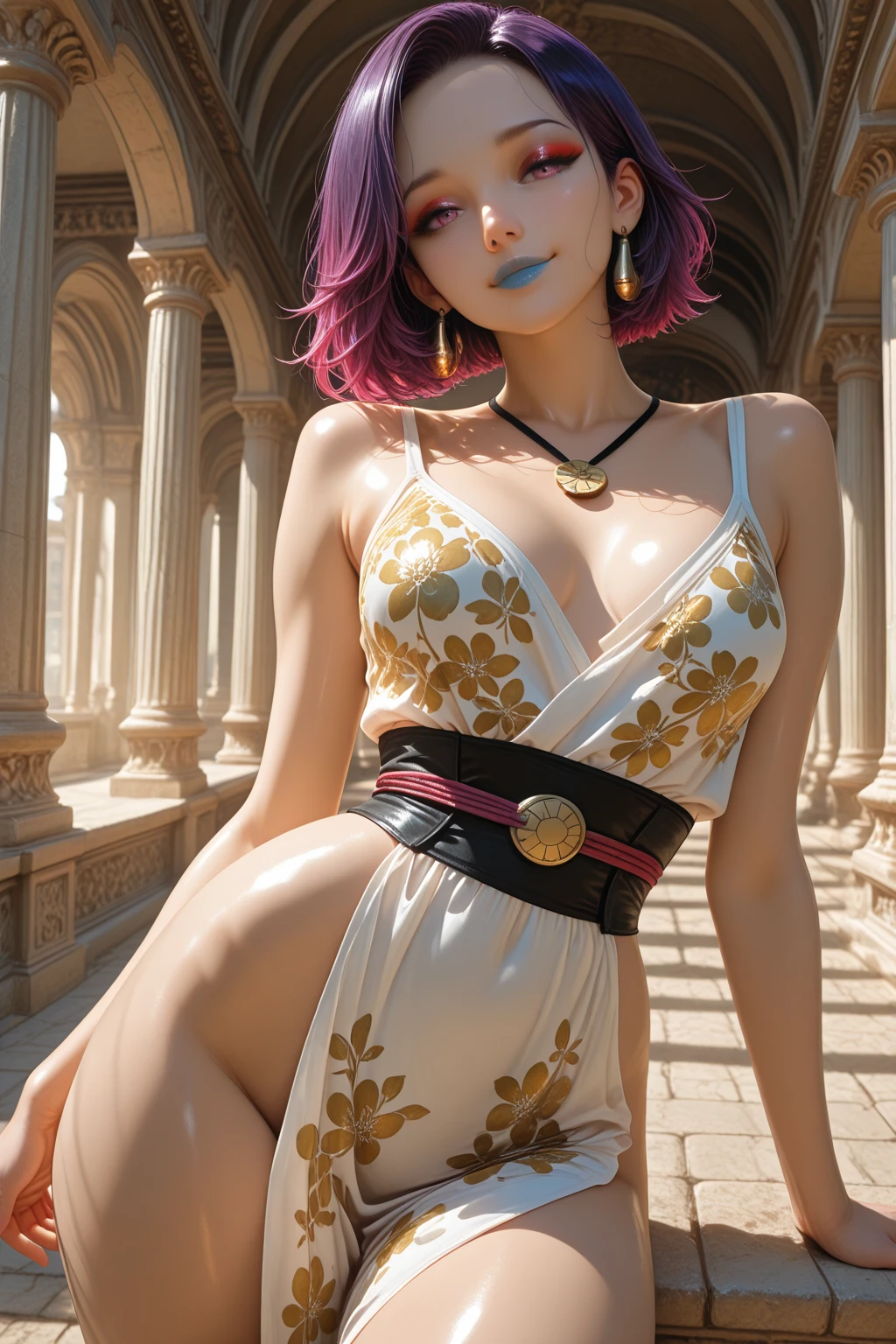 Greek goddess, serious and sexy face, has a face of supernatural beauty, long curly vibrant pink hair decorated with flowers, as well as blue eyes,(perfect eyes) Her figure is extremely voluptuous, gigantic breasts, heavy breasts, fitness hip, fabric covering breasts, cracked abdominal muscle, white thick silk dress, large abdomen muscle,pink hair,

woman,1female,((,mom,mature,mature woman,45 years old female,adult)),

(large breasts:1.5),saggy breasts,colored inner hair,((blue_eyes:1.3))),intricate eyes,beautiful detailed eyes,symmetrical eyes,((((lustrous skin:1.5,bright skin: 1.5,skin tanned,shiny skin,very shiny skin,shiny body,illuminated skin)))),(spider lower abdomen,narrow waist,wide hip,bimbo body,inflated legs,thick thighs),(((detailed face))),

(cute,slutty,sensual, look,,(()),opulent,sumptuous,longingly,(()),

queen,goddess,fantasy,revealing clothing,show skin,(beautiful white clothes),(simple  white dress, very , very loose dress, extremely , ver  clothes):1.9, greek style,  belly,  shoulders, golden bracelets,detailed outfit,cleavage,white silk,(( cloth:1.5)), (((intricate outfit,intricate clothes))),

(dynamic pose:1.0),arrogant face, arrogant smile,(centered,scale to fit dimensions,Rule of thirds),

((beautiful bath house made of greek marble and pillars, beautiful clear water in pool)),scenery:1.25,((intricate scenery)),((greek temple background)),

(Glossy greek ornaments),highres,sharp focus,(ultra detailed,extremely detailed),(photorealistic artwork:1.37),(extremely detailed CG unity 8k wallpaper),(((vibrant colors,vibrant theme))),(intricate),(masterpiece),(best quality),artistic photography,(photography taken by sldr),(intricate background),perfect rendered face,perfect face details,realistic face,photo realistic,((intricate detail)),(((realism))),
