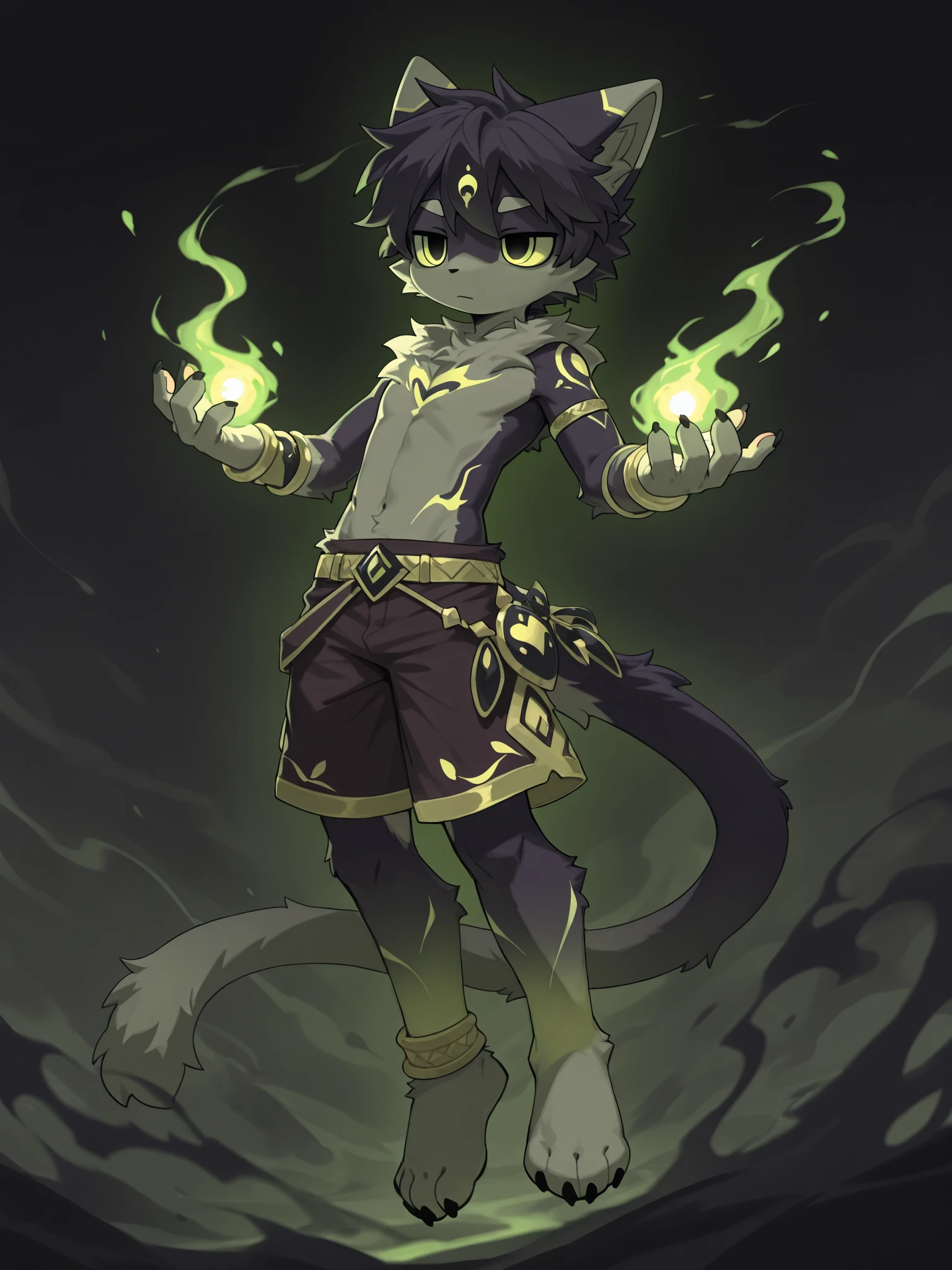 1boy,solo,furry,anthro cat boy, furry,少年の体型, slim build,
shirtless, smooth chest, non-sexual,
long tail floating in the air, tail surrounded by thin mist,
mysterious purple and yellow-green gradient glow, bewitching colors,
black sharp claws on hands, hands slightly relaxed,
wrist accessories, dark ornaments with faint green light,
expressionless face, calm and detached gaze, half-lidded eyes,
short hair, soft fur texture,
wearing simple dark shorts, barefoot or light shoes loosely worn,
surreal atmosphere, dreamlike and ominous mood,
dark background with drifting fog, fantasy illustration,
soft lighting, high detail, anime style, clean composition