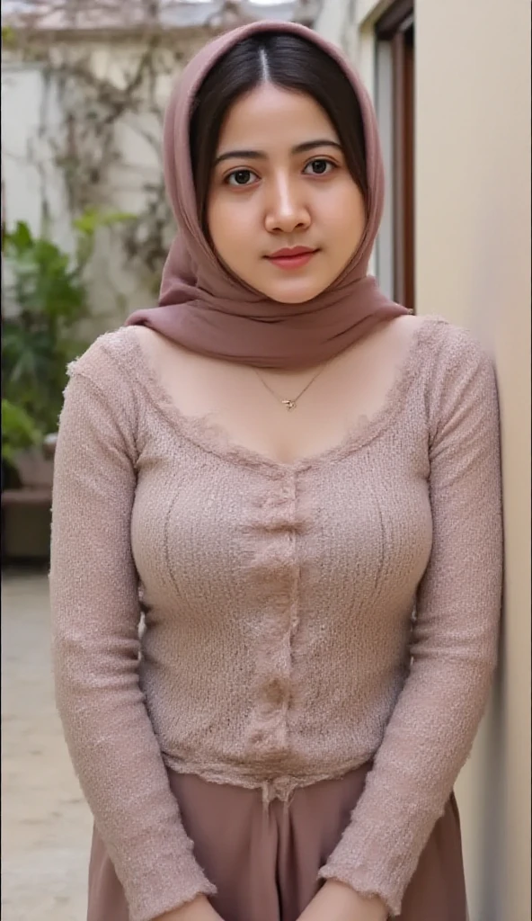 matured malay woman in hijab wearing sexy satin lace white color pajamas portrait photography, mid shot photo, ultra detail, professional photograph with professional lighting, smile, light blue studio background, sexy seducing pose, slim and slanders, ((huge breast:1.1)),