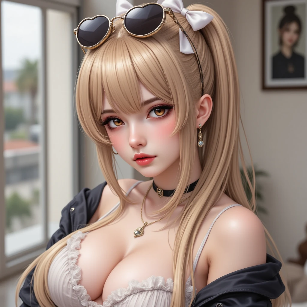 ((((masterpiece, Highest quality, High resolution)))), Very detailed16K, スリムな体を持つsexlyな美しい21歳の日本人の女の子, (ultra HD, Very detailed, Very detailed, Very realistic, ultra-realistic, Photo Real), (One girl:1.5), (Light blonde hair:1.2), Spanish Curl, (Dynamic pose), To the camera, A light smile, (Huge shiny , Glowing Skin: 1.2), (Beautifully detailed face, Beautiful and delicate brown eyes), (Shiny white long captain cotton jacket, The zipper on the  is wide open and won't close, Black see-through lace bra, Shiny black cotton pants:1.5), (Pink  are visible:1.2), Shine, Sweat, (Beautiful sunset, Soft sunlight), sexlyな長い脚, naked,Exposed breasts,sexly, blush,Looking up at the sky, ultra-realisticな広大な風景, photogenic scenery,Standing on the board in a shiny pose, Luxury Yacht , Windy Day,Hair blowing in the wind