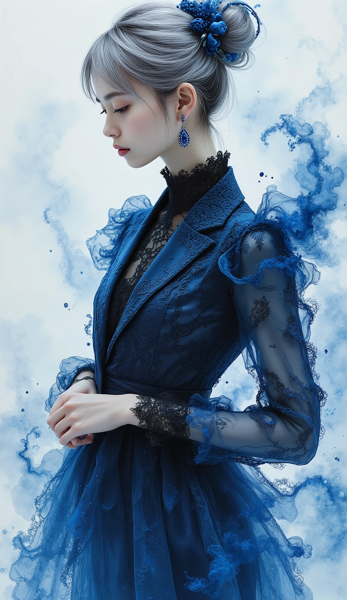 a photorealistic sumi-e illustration with digital illuminate crystal clear sapphire oil, monochrome with emphasis on digital illuminate sapphire blue, stylish angle, surrealism.
a scrawny petite delicate thin 14yo slim girl, She is a genius tailor of Victorian era who weaves people's memories and emotions into clothes, which memories and emotions are made of digital illuminate crystal clear sapphire oil.
she is wearing an abstract blue super sheer lacy tailored jacket on black lace shirt, with an unbuttoned low-rise slacks of super sheer lace. its jacket and unbuttoned low-rise slacks are made of digital illuminate crystal clear sapphire oil. its sapphire oil is abstract haze yet elaborate sheer lacy liquid, elegant yet digital, chaos construction yet geometric fractal.
surrounded by the abstract haze of digital illuminate crystal clear sapphire oil, she spins collecting its abstract haze as people's memories and emotions into her clothes, as a genius tailor. It was a surreal scene.
she is pale silver hair, hair bun, no makeup, pale fairy skin, super skinny, skinny lower abdomen, sapphire blue eyes, elaborate sliver earrings.
She who drawn in sumi-e rendered in fluid sumi-e brushstrokes with dense black like the abyss washes bleeding into translucent grays. the form elongates in dynamic sweeps across a void background.
a contrast between monochrome sumi-e and the digital illuminate sapphire blue is an impressive accent. this is ethereal, picturesque, photorealistic, artistic, poetic, dreamy, ephemeral, spiritual, mysterious, mystical, artisanal, alluring, vixenish. stunning light expression, hyper photorealism, Highest resolution, innocence, neat and clean, masterpiece.