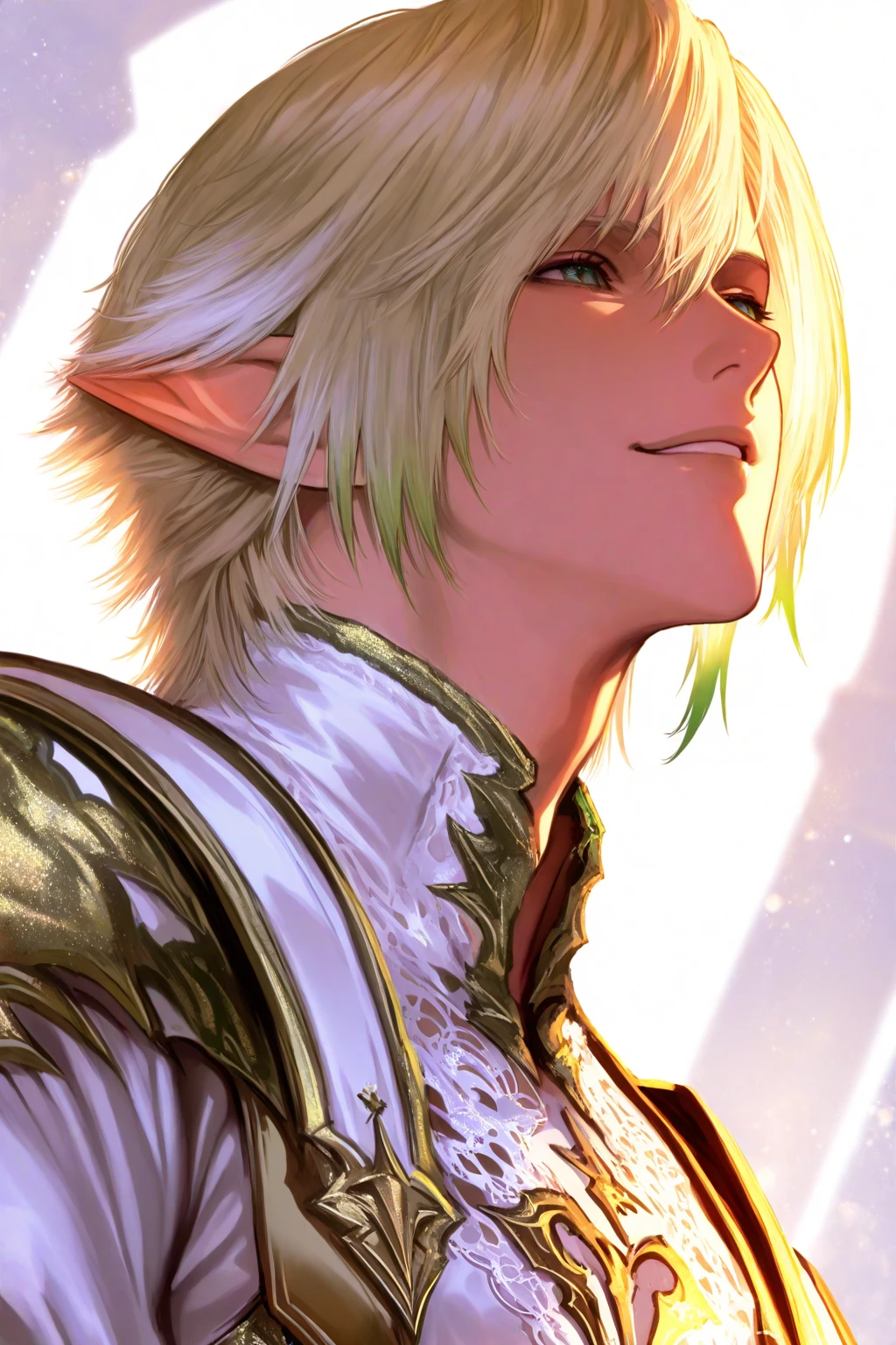 (4k,8k,best quality, masterpiece:1.2), perfect face, perfect nose, detailed hair, detailed eyes, detailed lips, ((portrait)), realistic colors, studio lightning, ((gold hair, blue eyes, dragon eyes, glowing eyes, dragon ears, dragon scales in his skin, dragon horn)), male, small mouth, looking at viewer, confident pose, smile, happy, highres, paladin, night city, saphire jewel detail, monsters in scenario, golden armor, 20-years-old, 20s