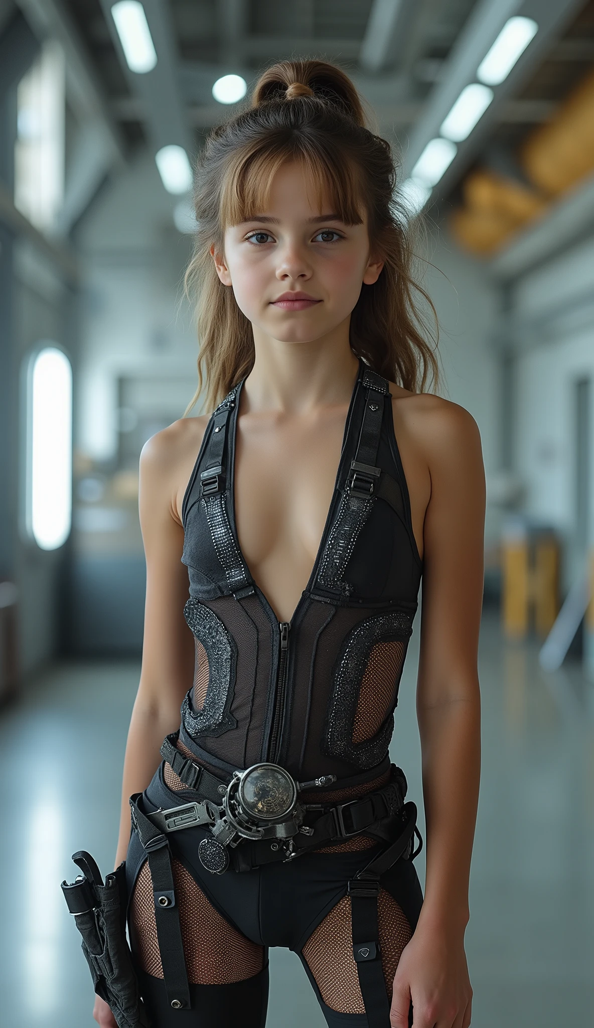 High-quality full-length photo of a ten-year-old girl, in the image of a space fleet engineer, in a tight-fitting, thin and elastic, smaller than the equipment needs, made of super-thin high-tech material with transparent inserts all over the girl's body and elegant cuts, with a deep neckline open to the waist, with a belt with repair gadgets,repair droid in the hangar