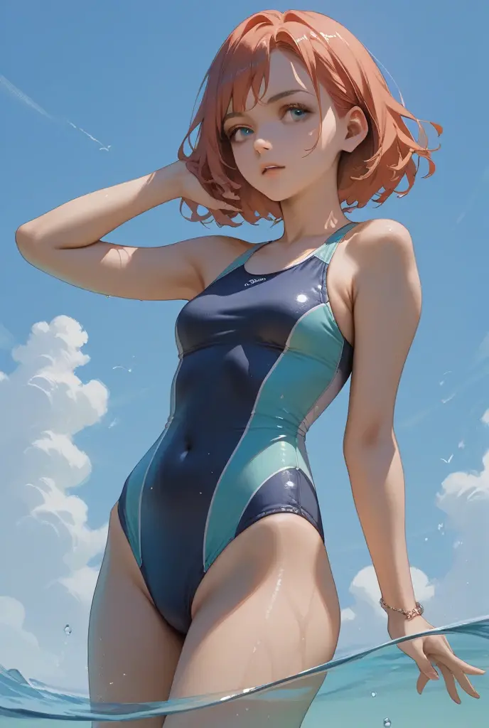 anime girl haircolor blue,wear swim suit