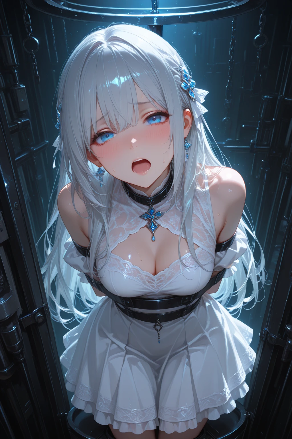 score_9, score_8_up, score_7_up, source_anime,
BREAK
1girl, solo,
<lora:shiCindyV4:1> shicindygacha, long hair,blue eyes, white hair, twintails, hair ornament, mini crown, hair bow, hair ribbon, hair over one eye, jewelry, white collar, bare shoulders, detached sleeves, large breasts, frills, white bra, lingerie, white dress, frilled dress, see-through dress, red eyes, heterochromia, 
<lora:shiMirrorGlassV1:0.85>, shibroglass, broken glass, glass shards, glass, shards,
looking at viewer, expressionless, sad, crying with eyes open, shaded face, against glass, breasts on glass, 
evil smile, black background, dark background, clenched hands, incoming attack, screaming, open mouth,