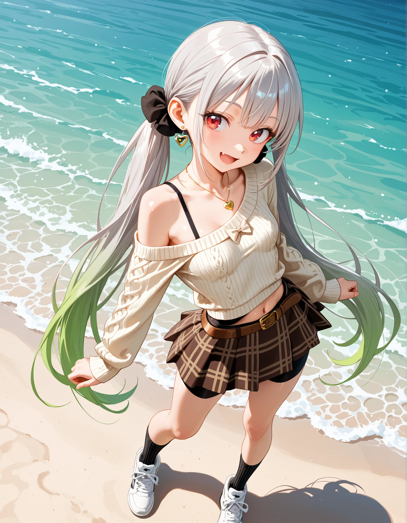 Shiny skin, Babe, character, chiya.
masterpiece, best quality, ultra detailed, high resolution, 8k, caustics, super detailed skin perfect anatomy, dynamic lighting, elaborate eye depiction, beautiful detailed eyes, a cute anime girl.
# body
142cm tall, skinny, slim waist, small breasts.
# hair
silver hair, very long twin tails, (silver to black gradient hair:1.2), puppy paw hair ties.
# eyes
red eyes, extra large eyes.
# expression
cheerful expression, open mouth smile, single visible fang.
# outfit
one-shoulder cropped knit sweater in soft sage green.
cream frilled inner blouse peeking at cuffs.
half shoulder down, slightly single shoulder visible peek.
navel peek.
camel brown plaid mini skirt.
small warm-brown leather belt on waist.
black spats under skirt, visible black spats, black compression shorts above thighs.
ribbed crew socks with tiny beige bow.
white sneakers with soft beige accents.
heart-shaped rose-gold pendant necklace.
tiny matching earrings.
# pose
standing, walkng right, dynamic pose, looking back.
# composition
from above, side view, upper knee view.
fine line art, delicate line drawing, thin outlines, clean outlines, minimal noise.