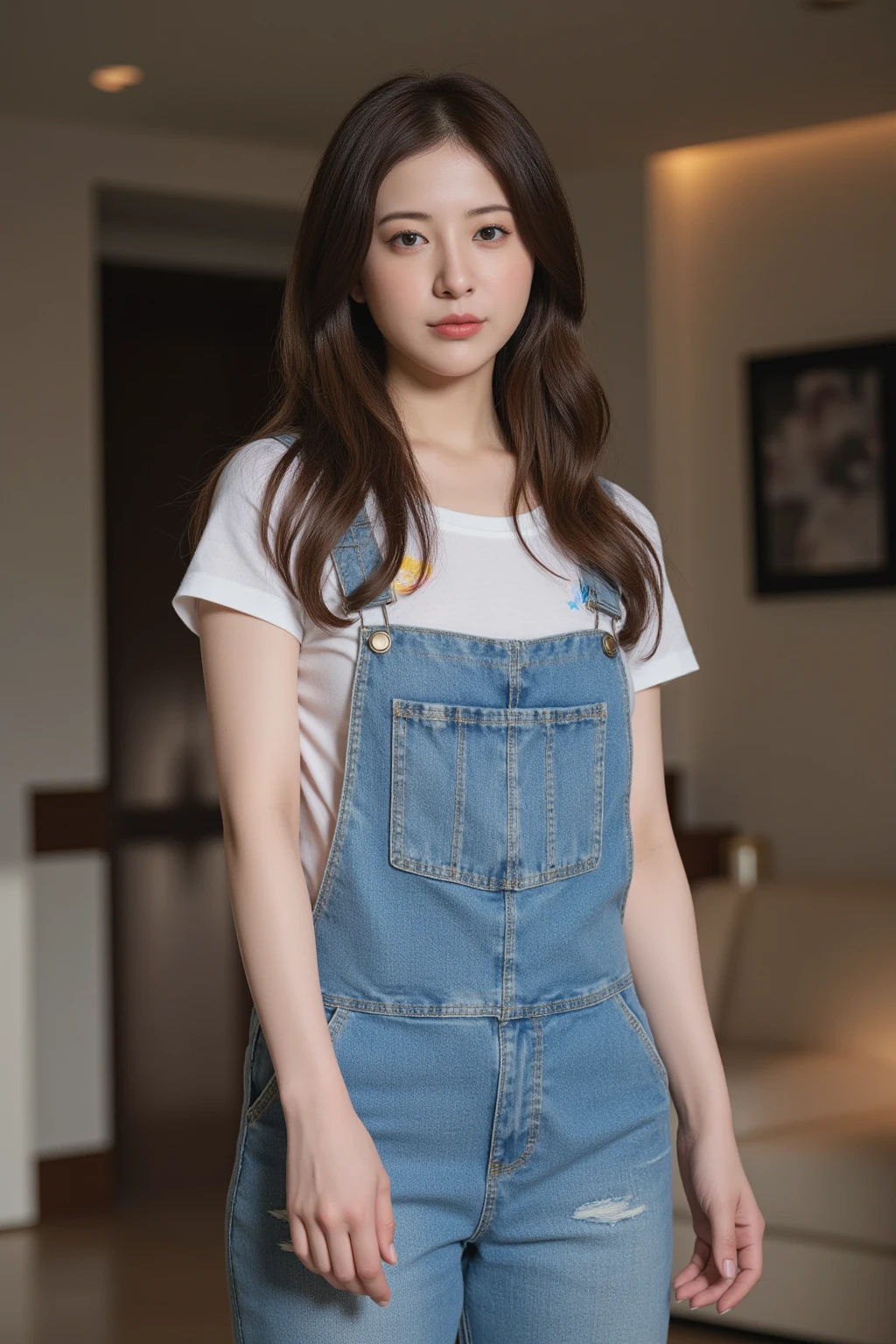 ((midnight, best quality, 8k, masterpiece :1.3)), whole body, long legs, sharp focus :1.2, beautiful woman，Perfect body :1.4, slim abs :1.1, ((dark brown hair, :1.2)), (White tight T-shirt, overalls jeans, permanent:1.2), ((city night view, roof:1.3)), Highly detailed  and skin textures, delicate eyes, double eyelids