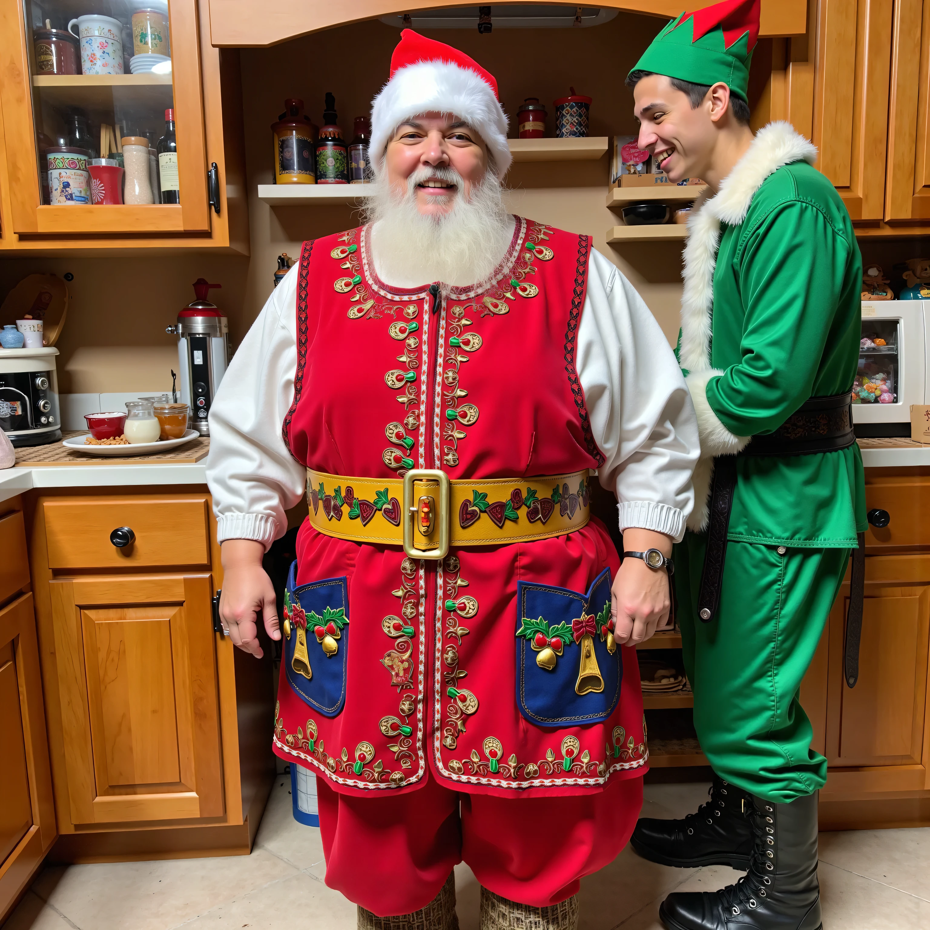 an elderly female that is extremely obese, mrs claus, in the north pole, in a kitchen made by elves, wearing an Oaxacaapron that is red with candy cane accents and blue pockets with gold bells embroidered, the woman wears red furry pants, the woman is wearing a heavy thick yellow wide leather belt that has green shiny metallic christmas lights printed into the leather, tooled leather, the woman is wearing black boots, the woman is standing next to a thin tall elf in a green suit holding a pie
