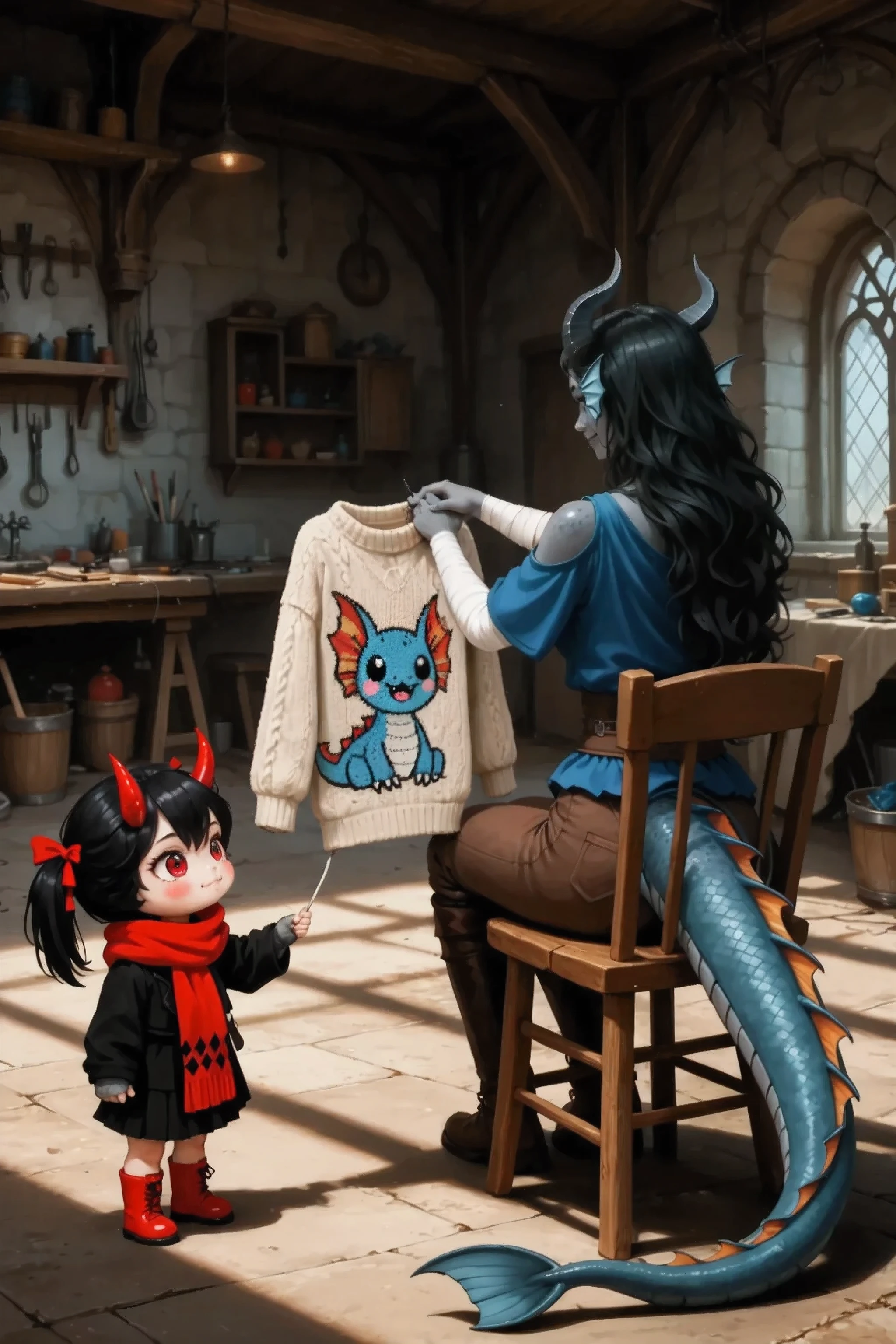 Kedra, dark blue-gray skin , (a slight insidious smile), (pigmentation of the shoulder:1.3), fins on her head, dark blue-gray horns, loose black hair, bright blue eyes , hand bandages, ( Best hands ). (5 dark blue-gray fingers), handing out a knitted sweater with the image of the cute Character creature_Fuli, in the background, the tailor's workshop, Long soft shadows.
opposite is chibi, super deformed, 2-head-tall, super cute chibi girl, 1girl, solo, tiny body,
oversized head, short limbs, big round face, soft blushing cheeks, chibi imugi girl (Steel motif), (steel-black hair:1.2), metallic sheen, messy twin ponytails tied with vivid red ribbons, reddish-orange tips, crimson eyes, wide curious eyes, surprised expression, tiny fang, small red-metallic horns, dark hanbok-inspired battle outfit adapted for chibi style, black fabric with clean golden flame patterns only on sleeves, vivid red ribbon bow at waist,
masterpiece, the best quality, ultra-detailed, Cinematic emotional static frame, 8K UHD, extremely detailed, physical visualization, HDR.