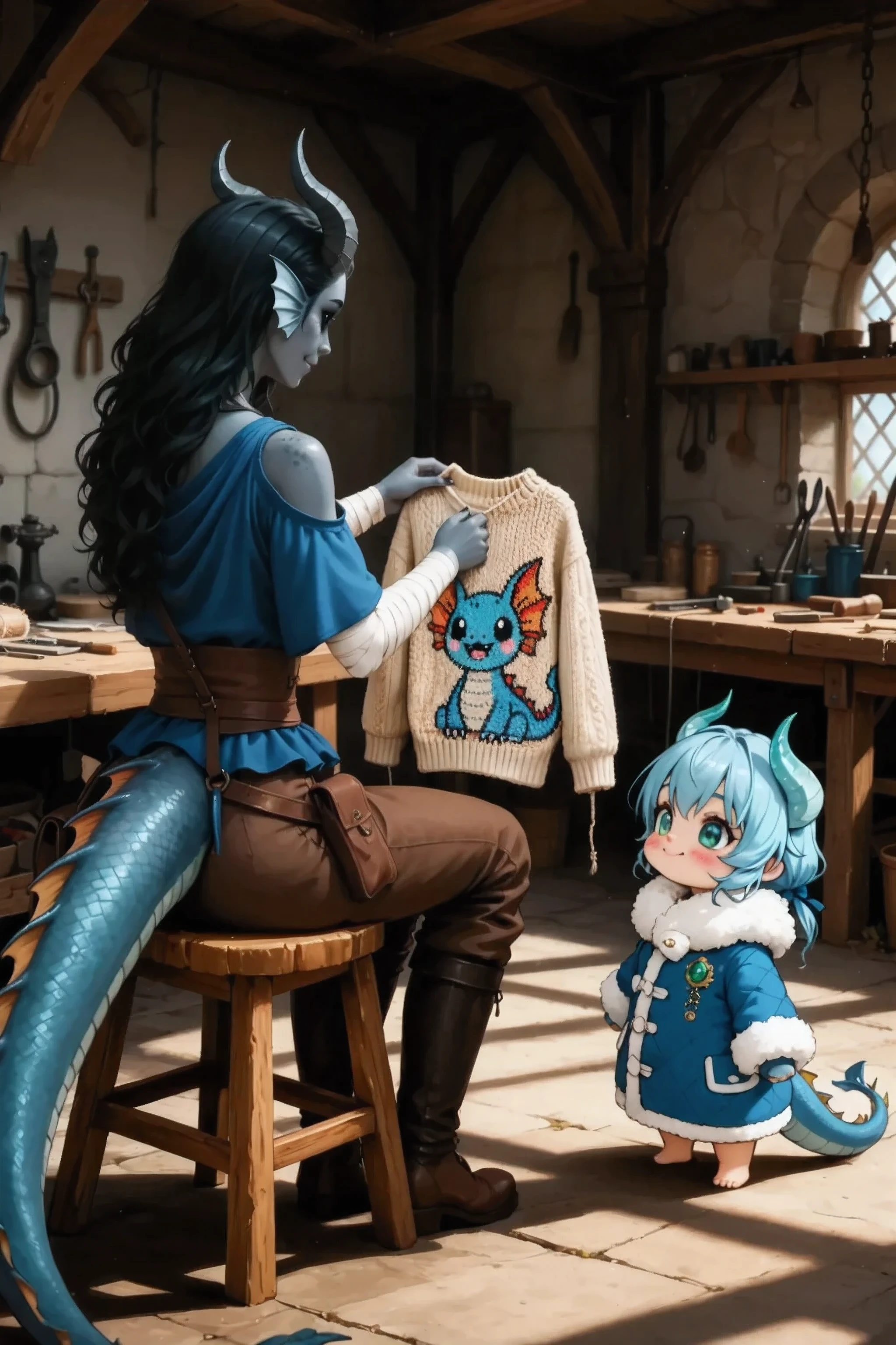 Kedra, dark blue-gray skin , (a slight insidious smile), (pigmentation of the shoulder:1.3), fins on her head, dark blue-gray horns, loose black hair, bright blue eyes , hand bandages, ( Best hands ). (5 dark blue-gray fingers), handing out a knitted sweater with the image of the cute Character creature_Fuli, in the background, the tailor's workshop, Long soft shadows.
opposite is chibi, super deformed, 2-head-tall, super cute chibi girl, 1girl, solo, tiny body,
round face, bright emerald eyes, soft blushing cheeks, fluffy sapphire blue hair with green tips, low twin ponytails with gold hair ribbons, ivory dragon horns, jade ornaments, sapphire-blue dragon tail, jade highlights, miniature royal Korean hanbok, pale blue and white, golden dragon embroidery, jade accessories, cartoon ghost cloth draped over body, only head peeking out, bright smiling expression, standing pose, upright, cheerful smile,
masterpiece, the best quality, ultra-detailed, Cinematic emotional static frame, 8K UHD, extremely detailed, physical visualization, HDR.