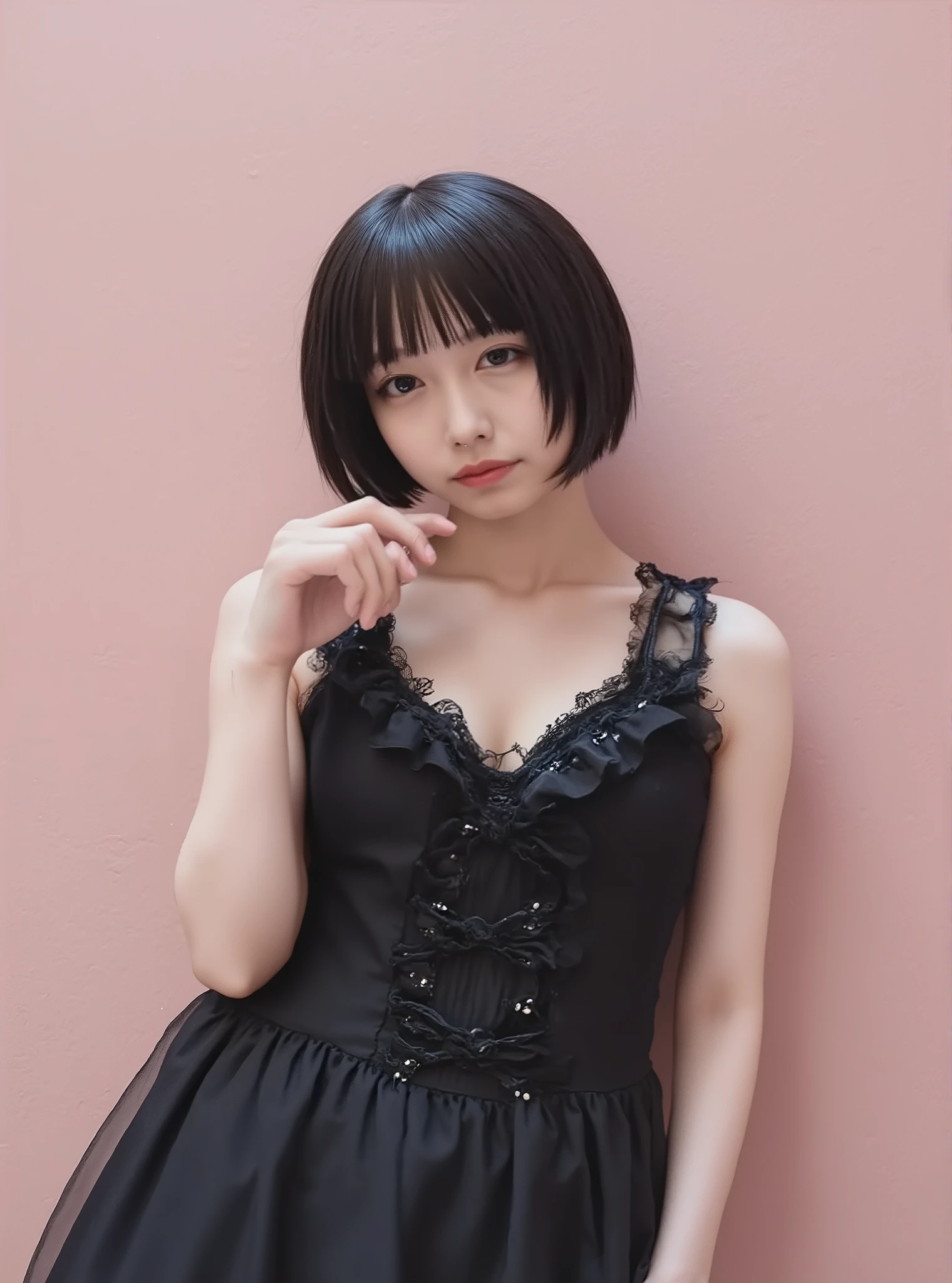 (Dark brown random bob haired woman)、white skin、(((black gothic lolita fashion))),portrait、((Focus on eyes)),(((angle in front))), has a pale pink background、((Focus on eyes)),