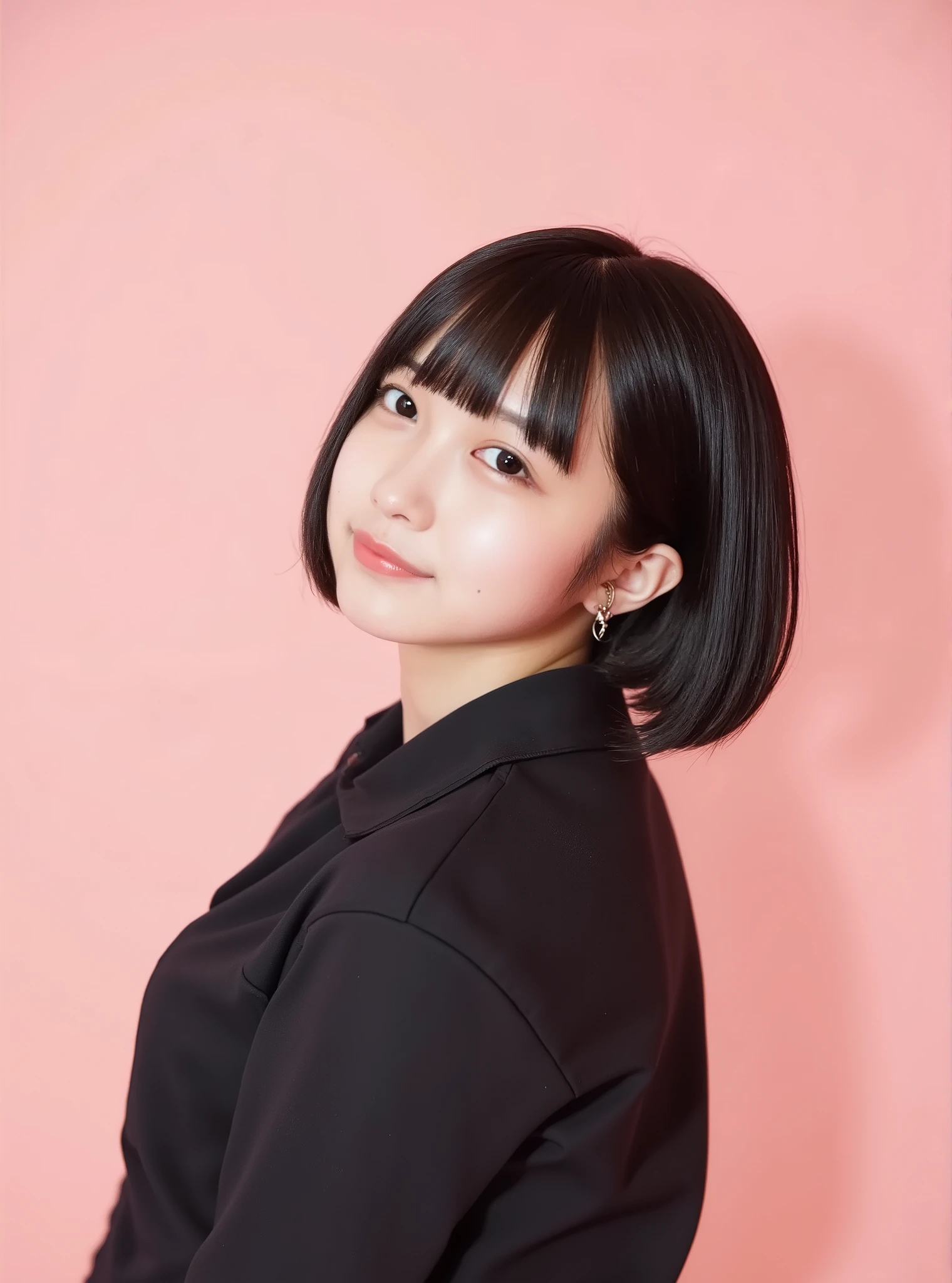 high image quality、masterpiece、realistic、((please make the correct human body structure))、(((angle in front)))、 (((gothic lolita fashion)))、dark brown bob、((Background is pale coral pink))、Smile、(((angle in front)))、((blur background))、((to her forehead))、